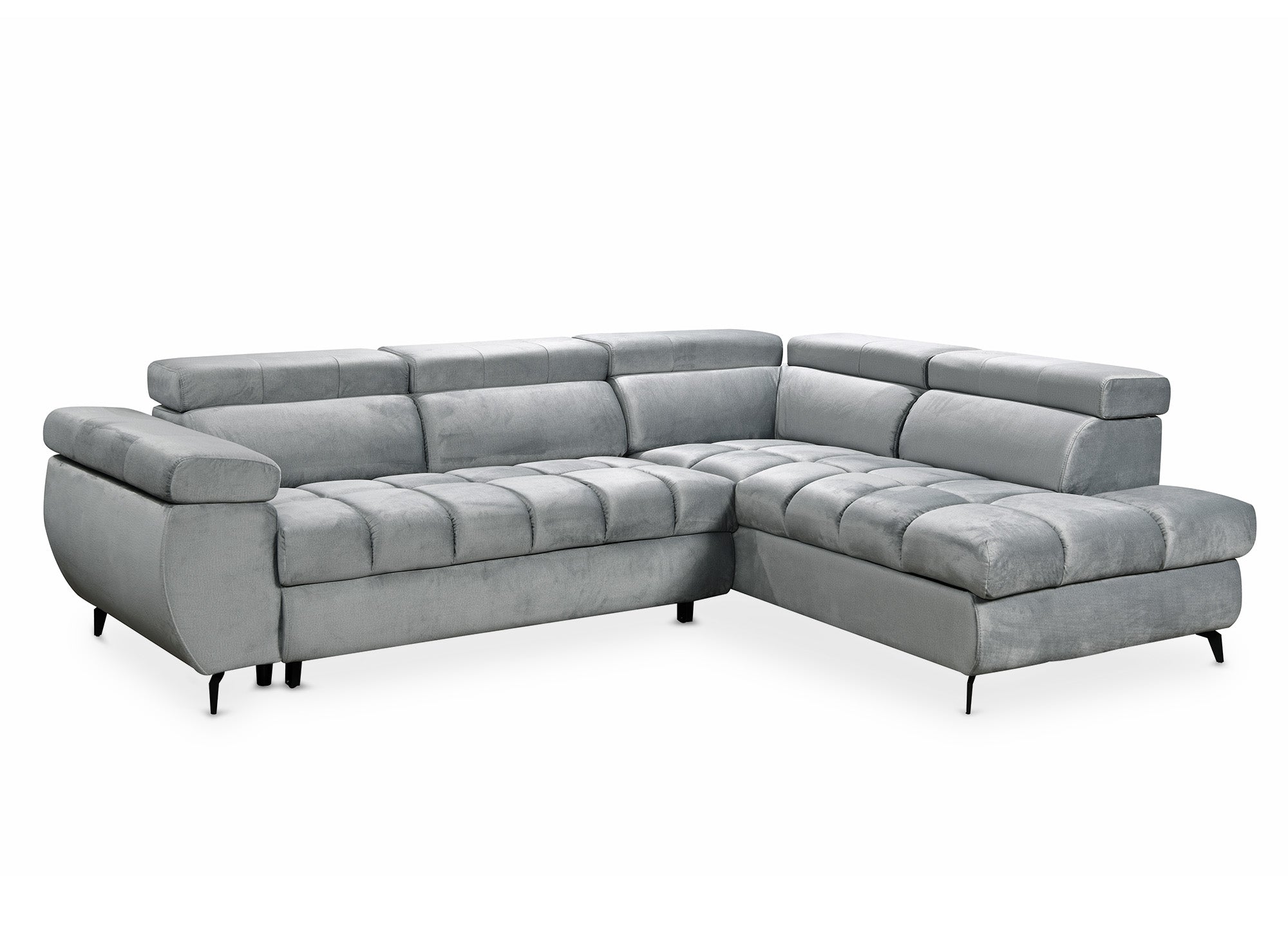 LUCIANO Ecksofa mit grauem Samtbezug und Stauraum - rechtwinklig