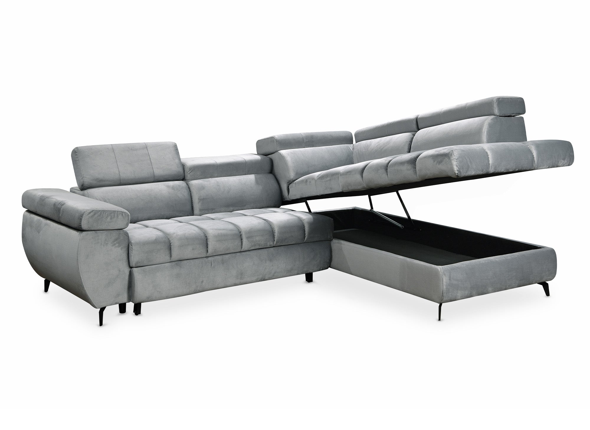 LUCIANO Ecksofa mit grauem Samtbezug und Stauraum - rechtwinklig