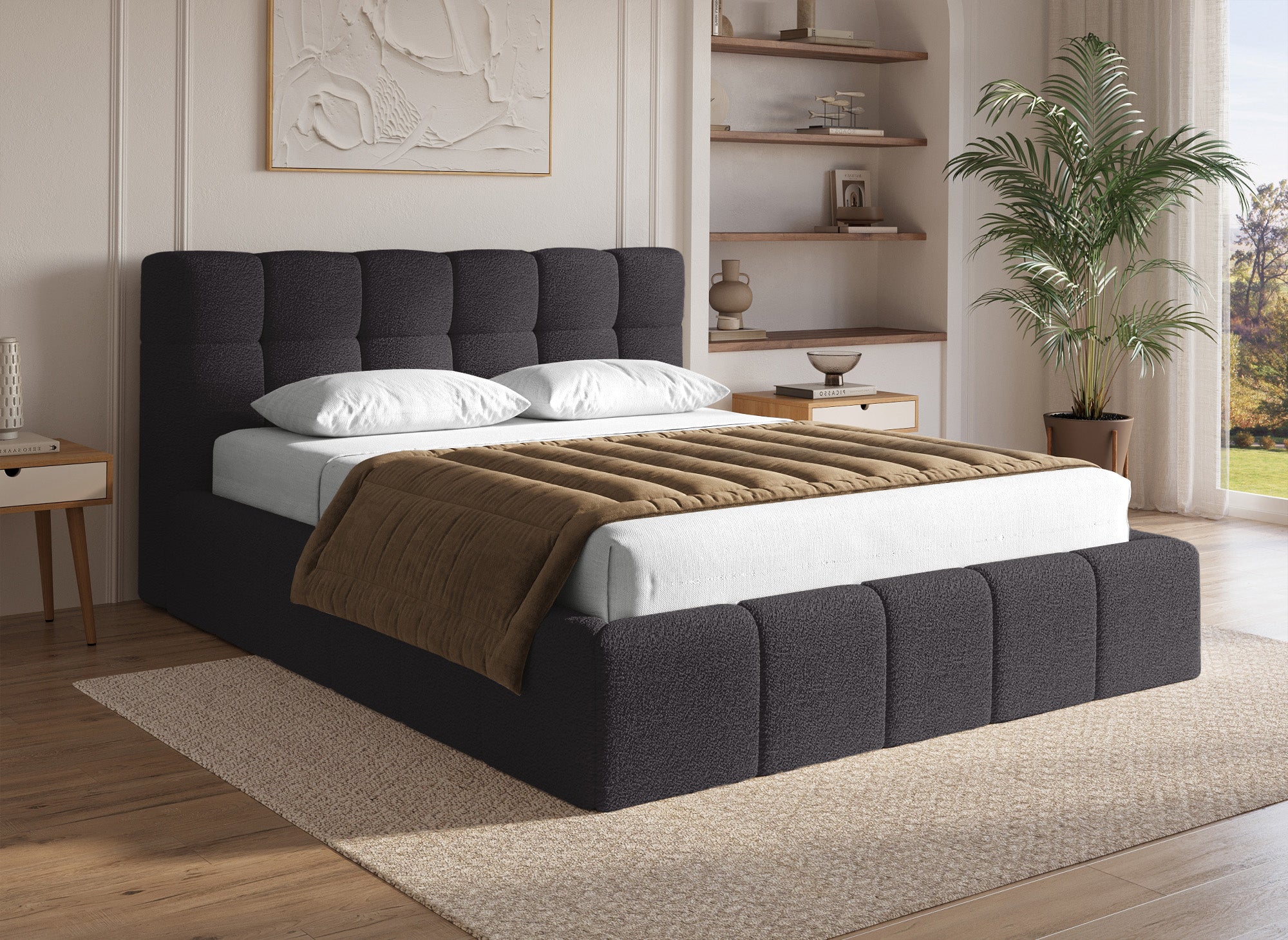 MILIE Bett mit Stauraum aus Frottee, grau, 160 x 200 cm