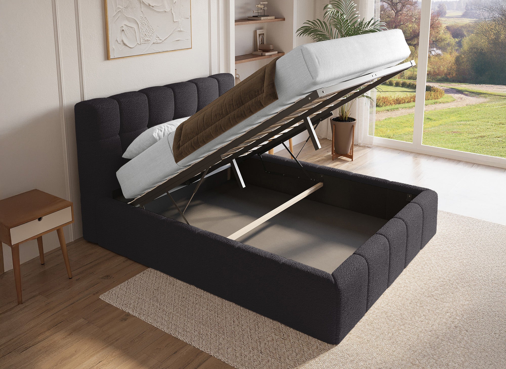 MILIE Bett mit Stauraum aus Frottee, grau, 140 x 190 cm