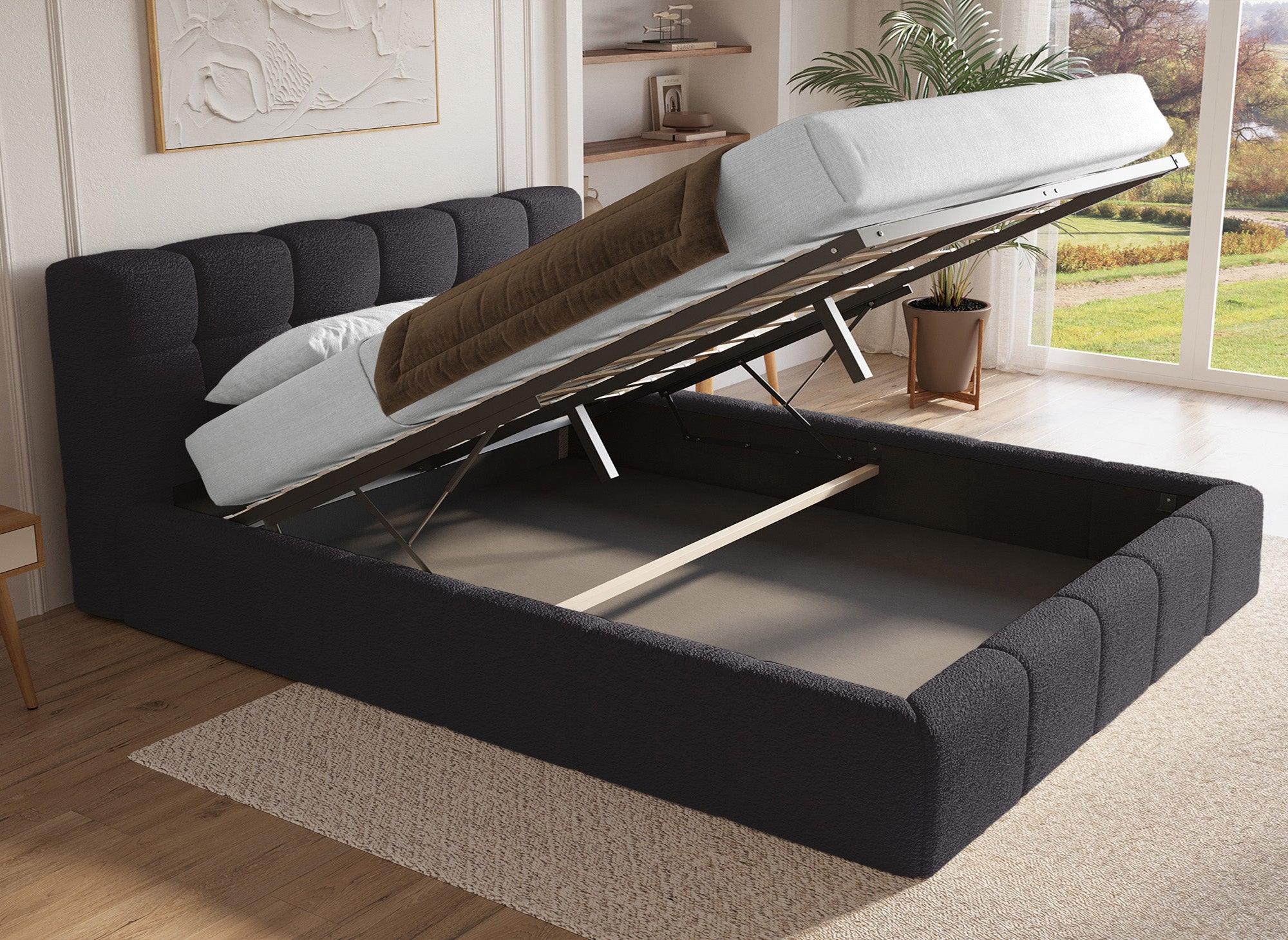 MILIE Bett mit Stauraum aus Frottee, grau, 180 x 200 cm