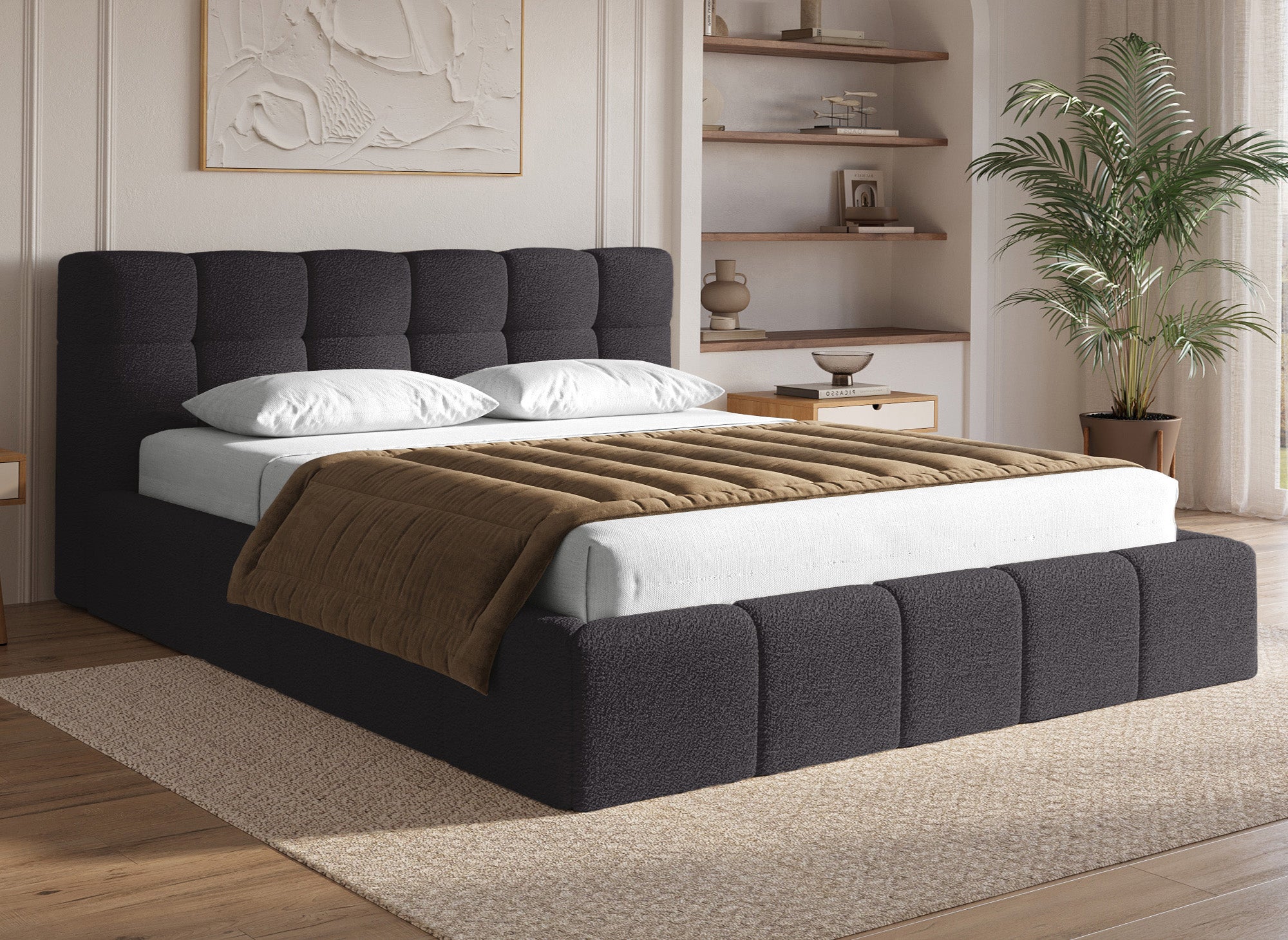 MILIE Bett mit Stauraum aus Frottee, grau, 180 x 200 cm