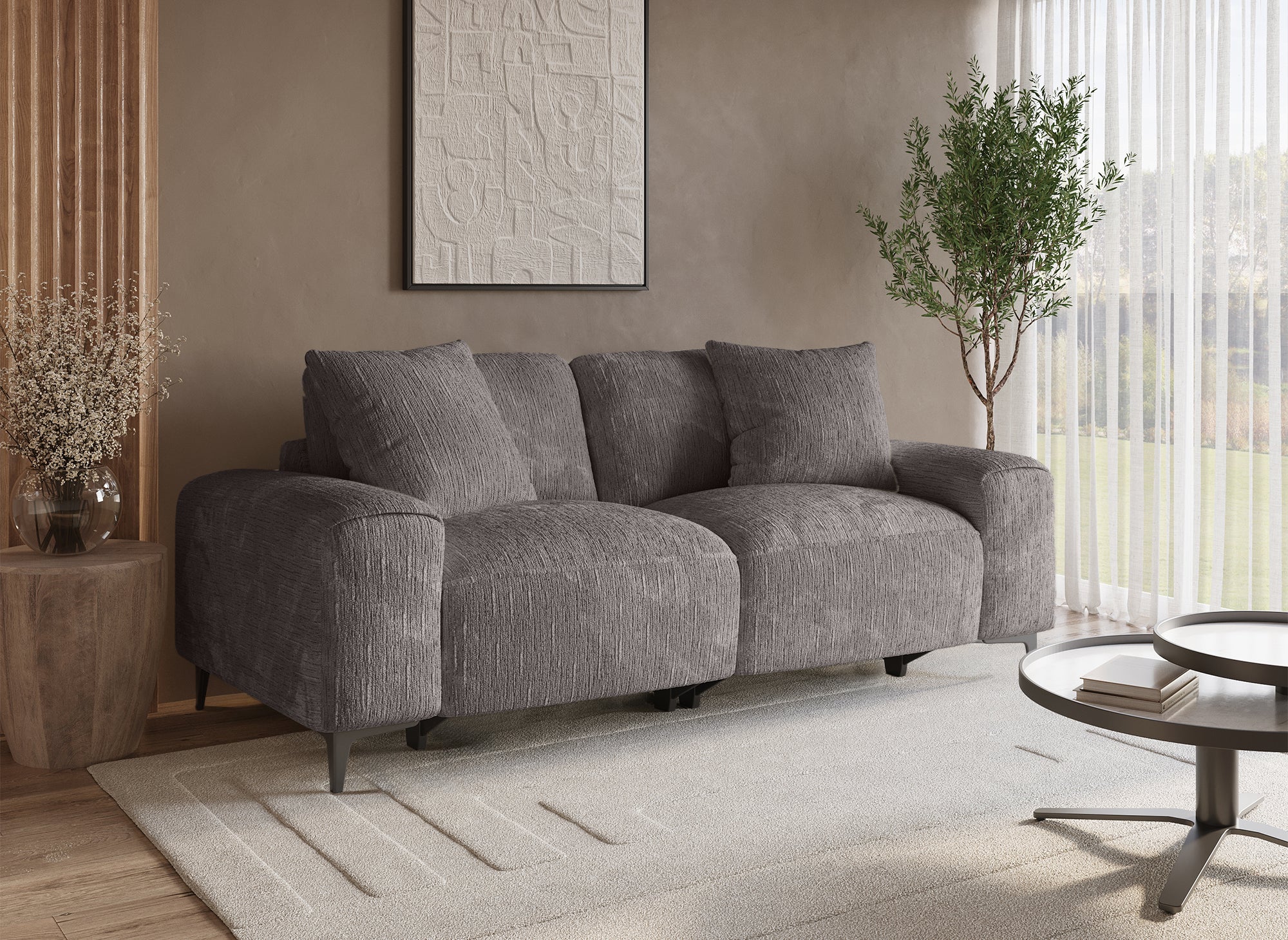 Elektrisches 3-Sitzer-Relaxsofa HELOISE aus dunkelgrau meliertem Samt