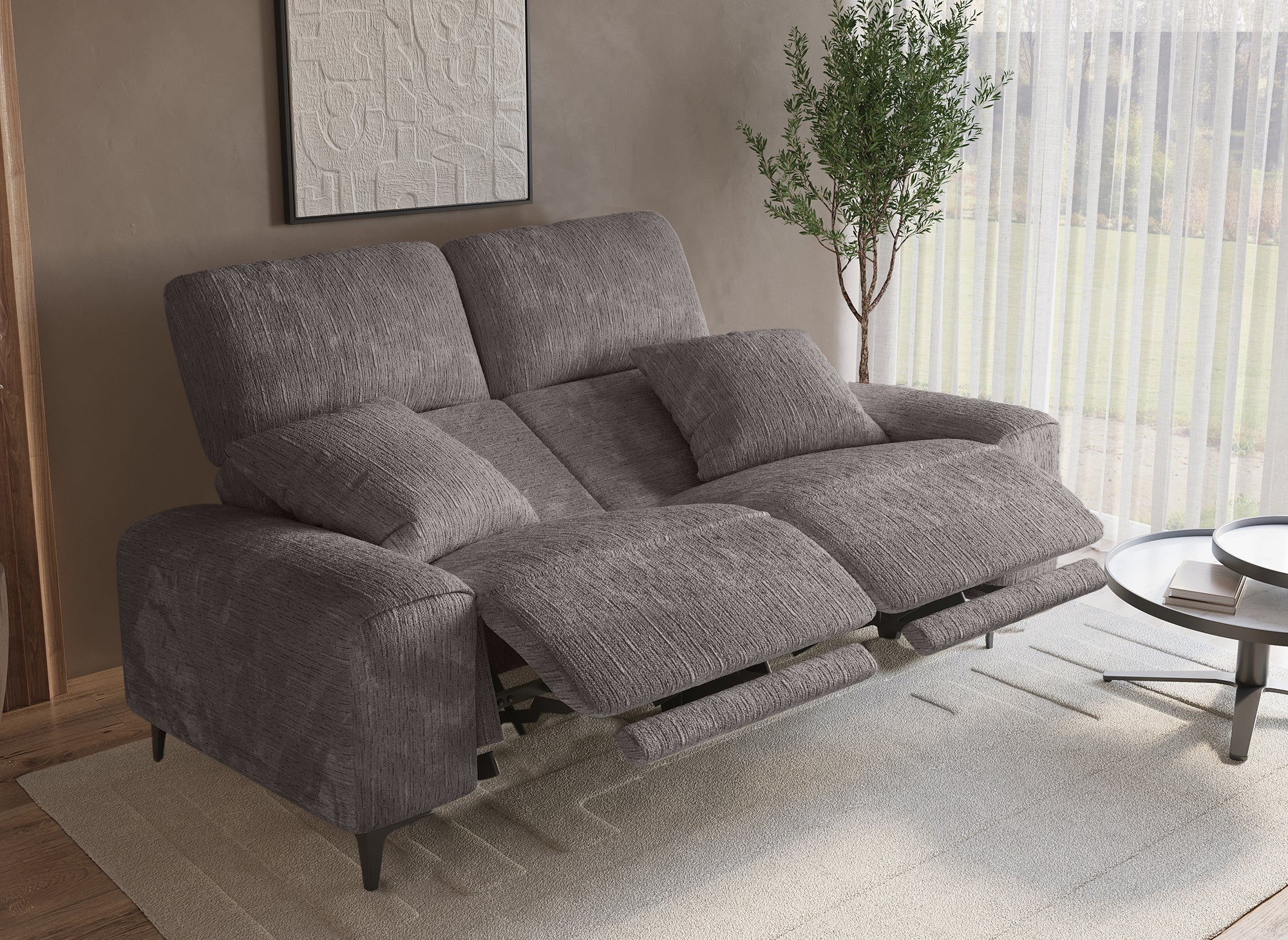 Elektrisches 3-Sitzer-Relaxsofa HELOISE aus dunkelgrau meliertem Samt