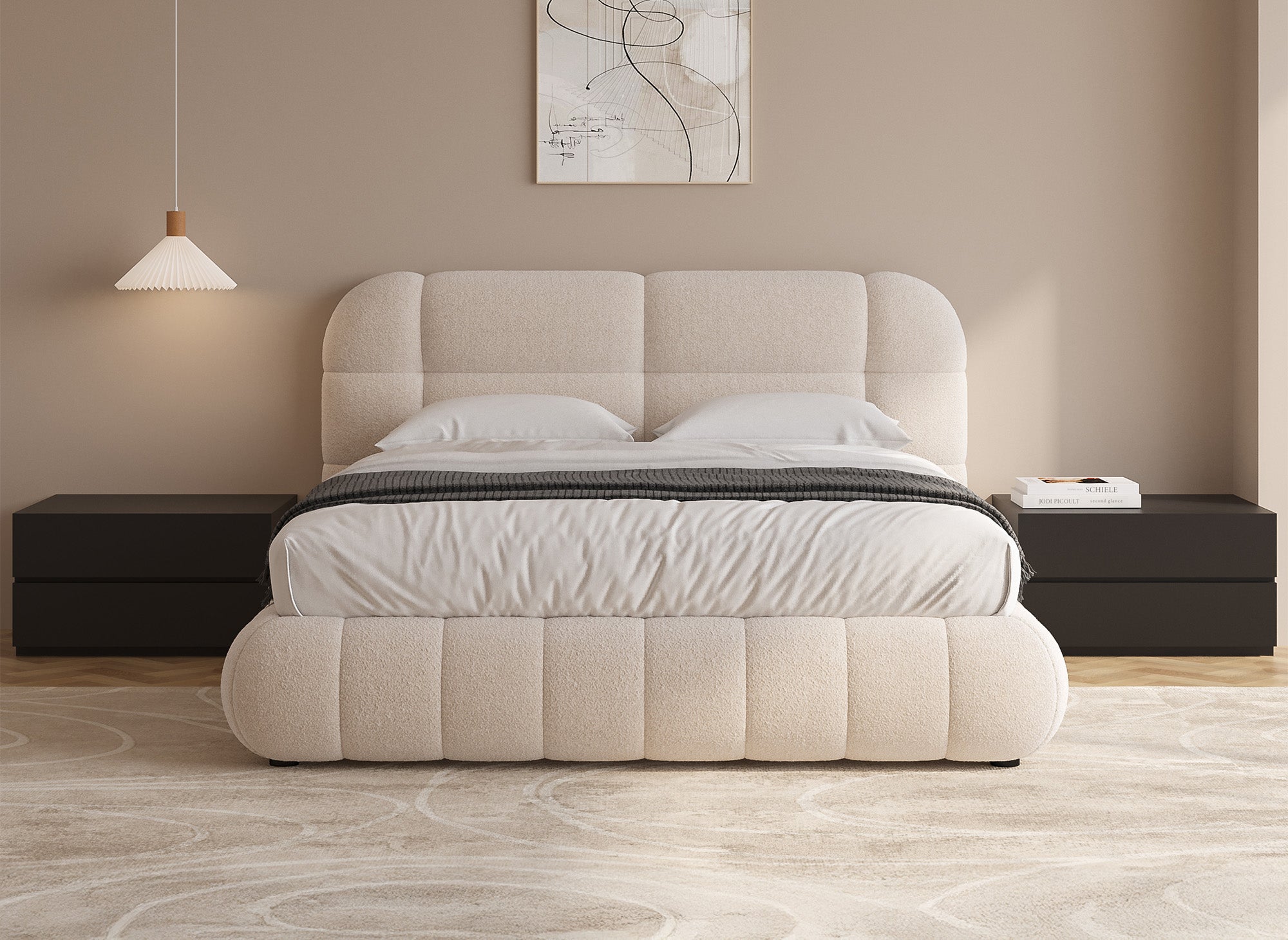 Doppelbett aus ecrufarbenem Bouclé-Stoff 160x200 cm YOURI