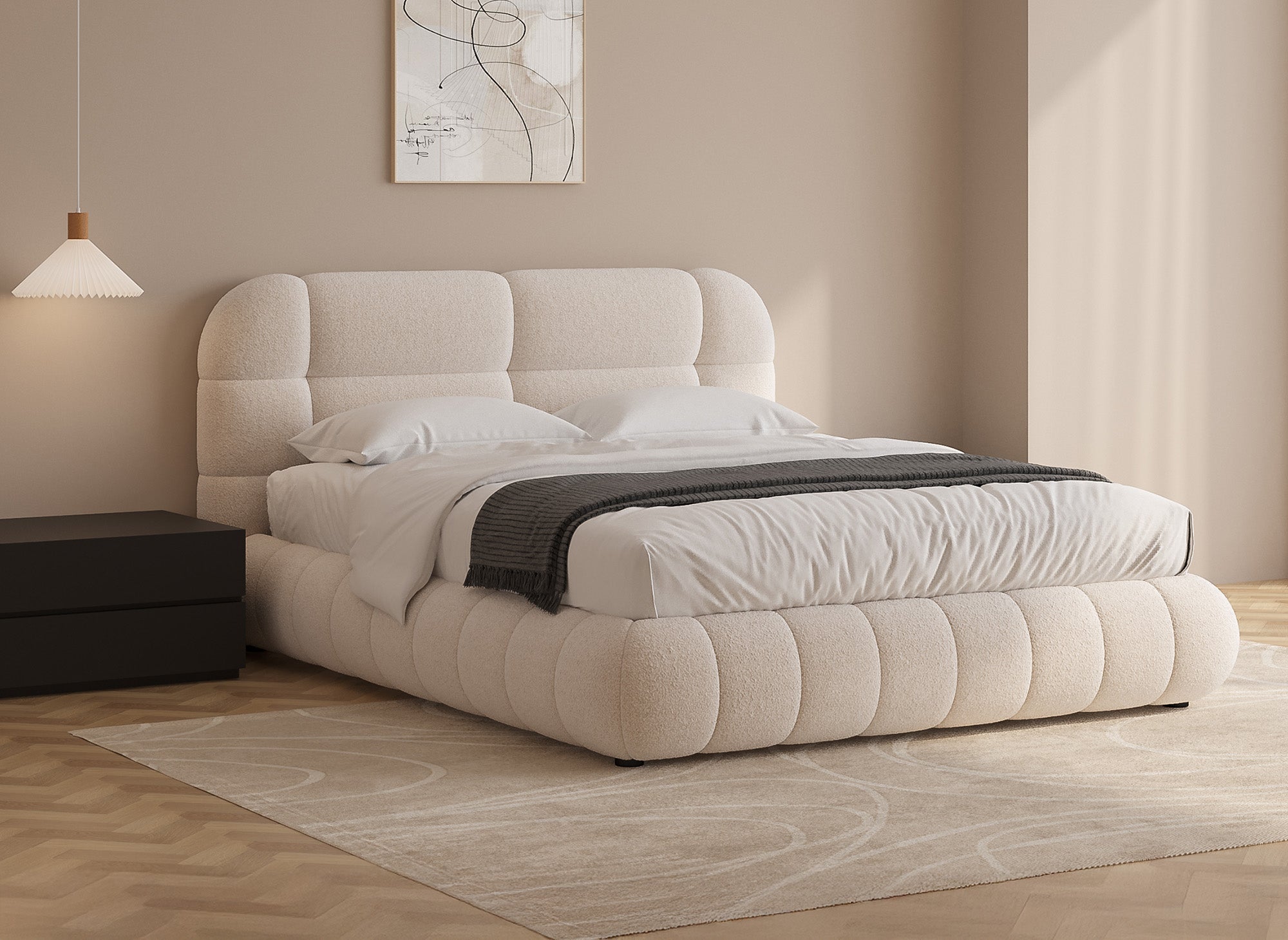 Doppelbett aus ecrufarbenem Bouclé-Stoff 160x200 cm YOURI