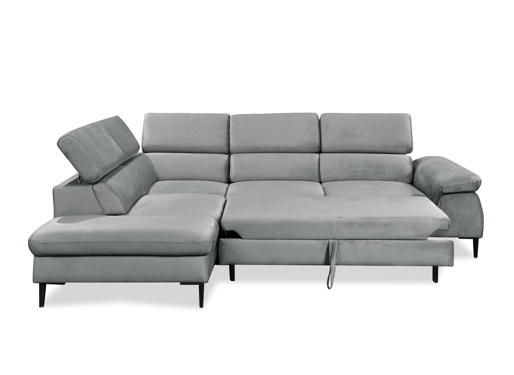Umwandelbares Ecksofa aus grauem Samt mit Aufbewahrungsbox – linke Ecke