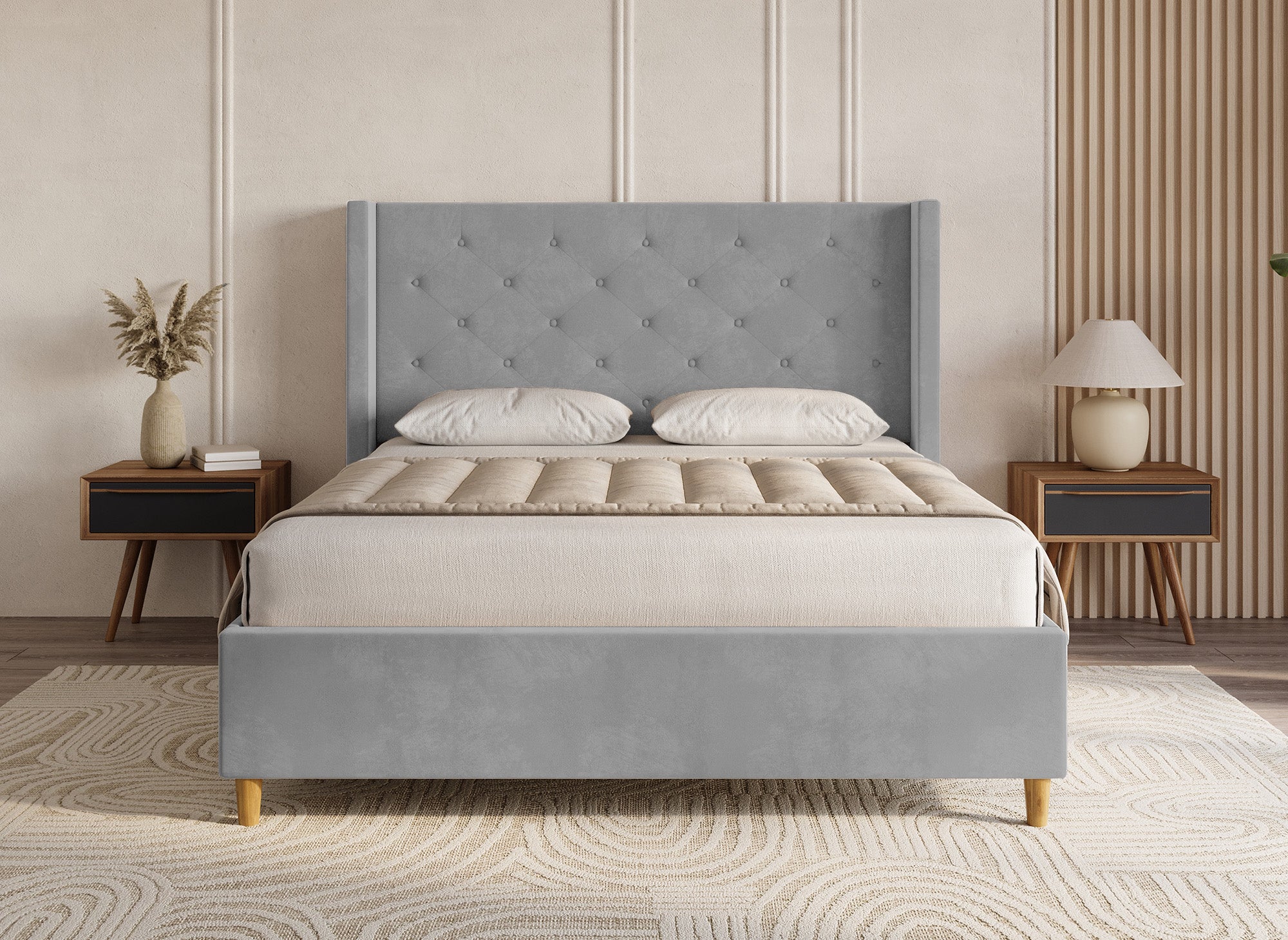MAREVA Doppelbett aus getuftetem Samt, grau, 180 x 200 cm