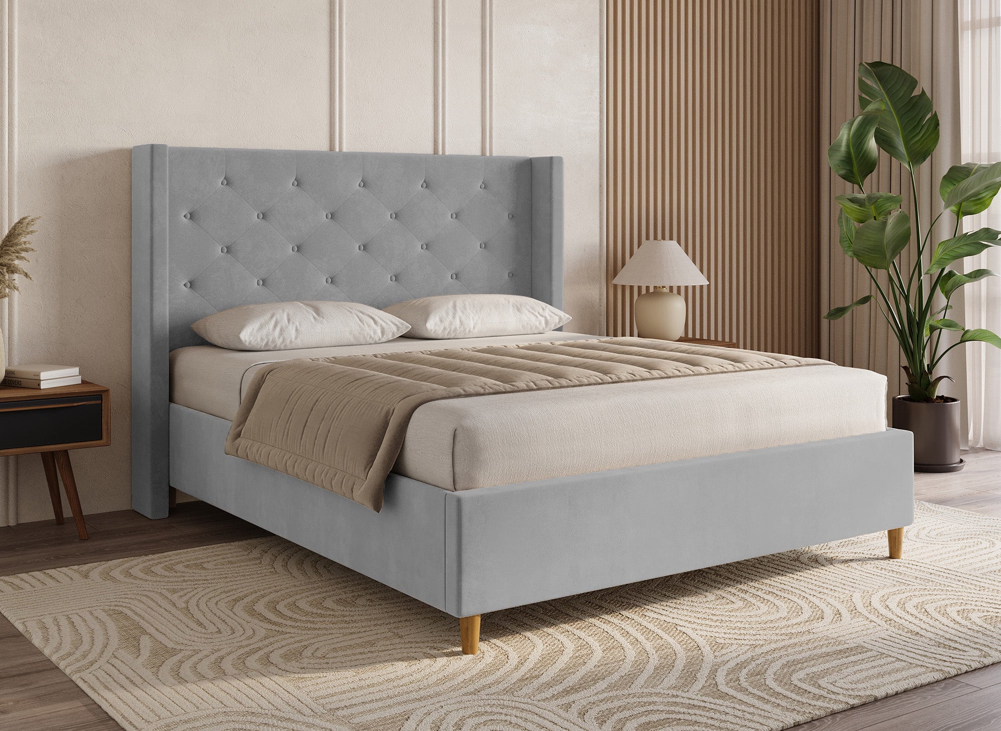 MAREVA Doppelbett aus getuftetem Samt, grau, 180 x 200 cm