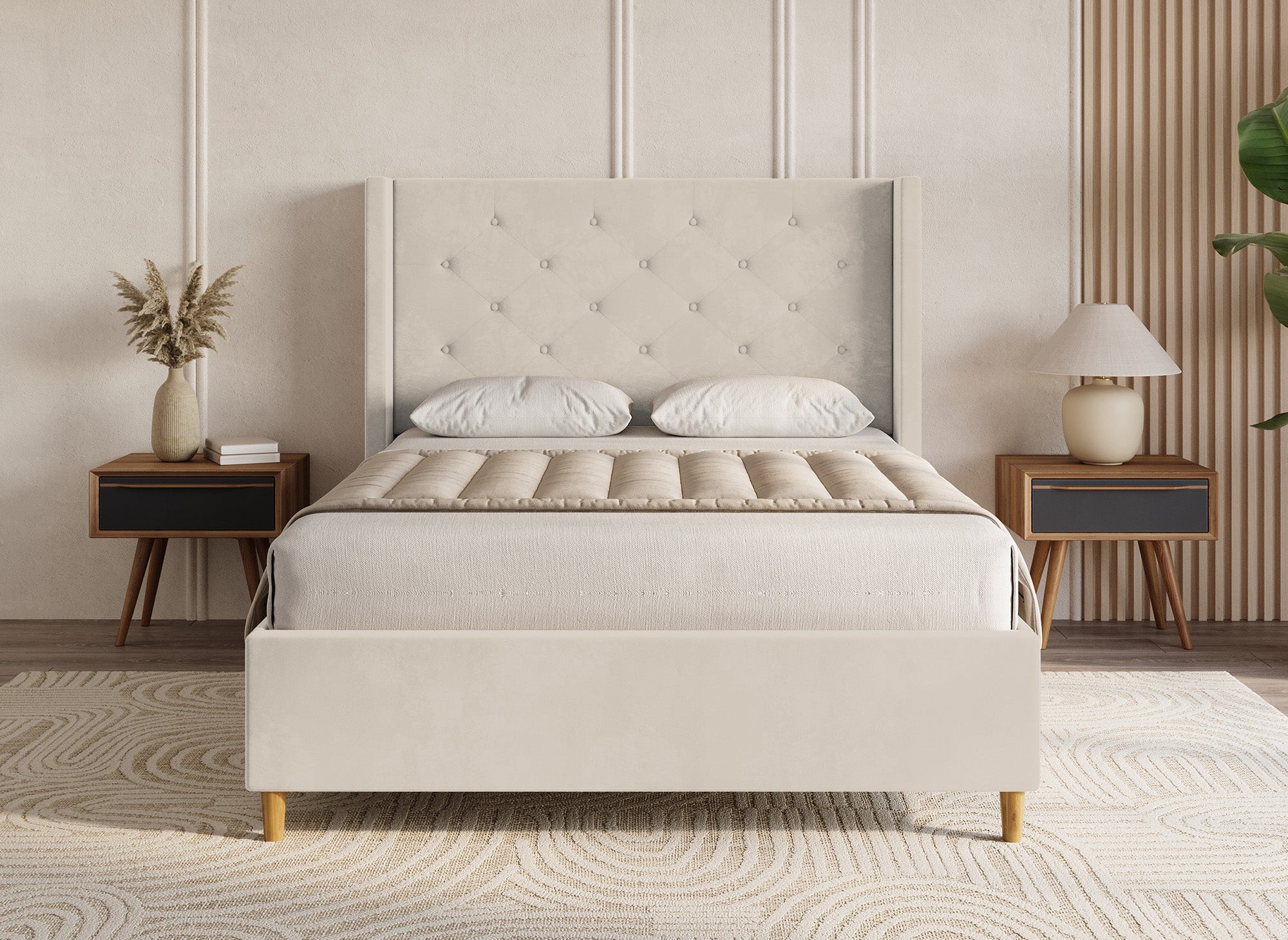 MAREVA Doppelbett aus getuftetem Samt, beige, 160 x 200 cm