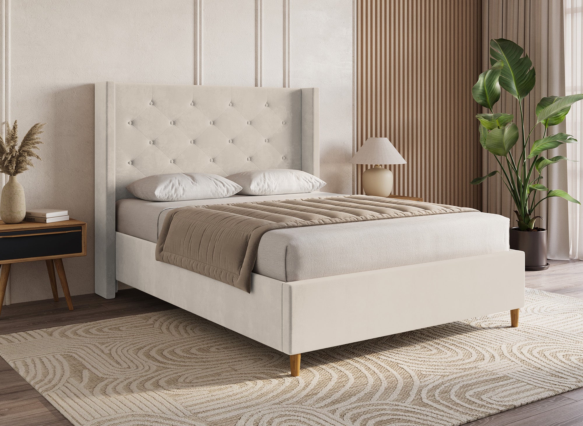 MAREVA Doppelbett aus getuftetem Samt, beige, 160 x 200 cm