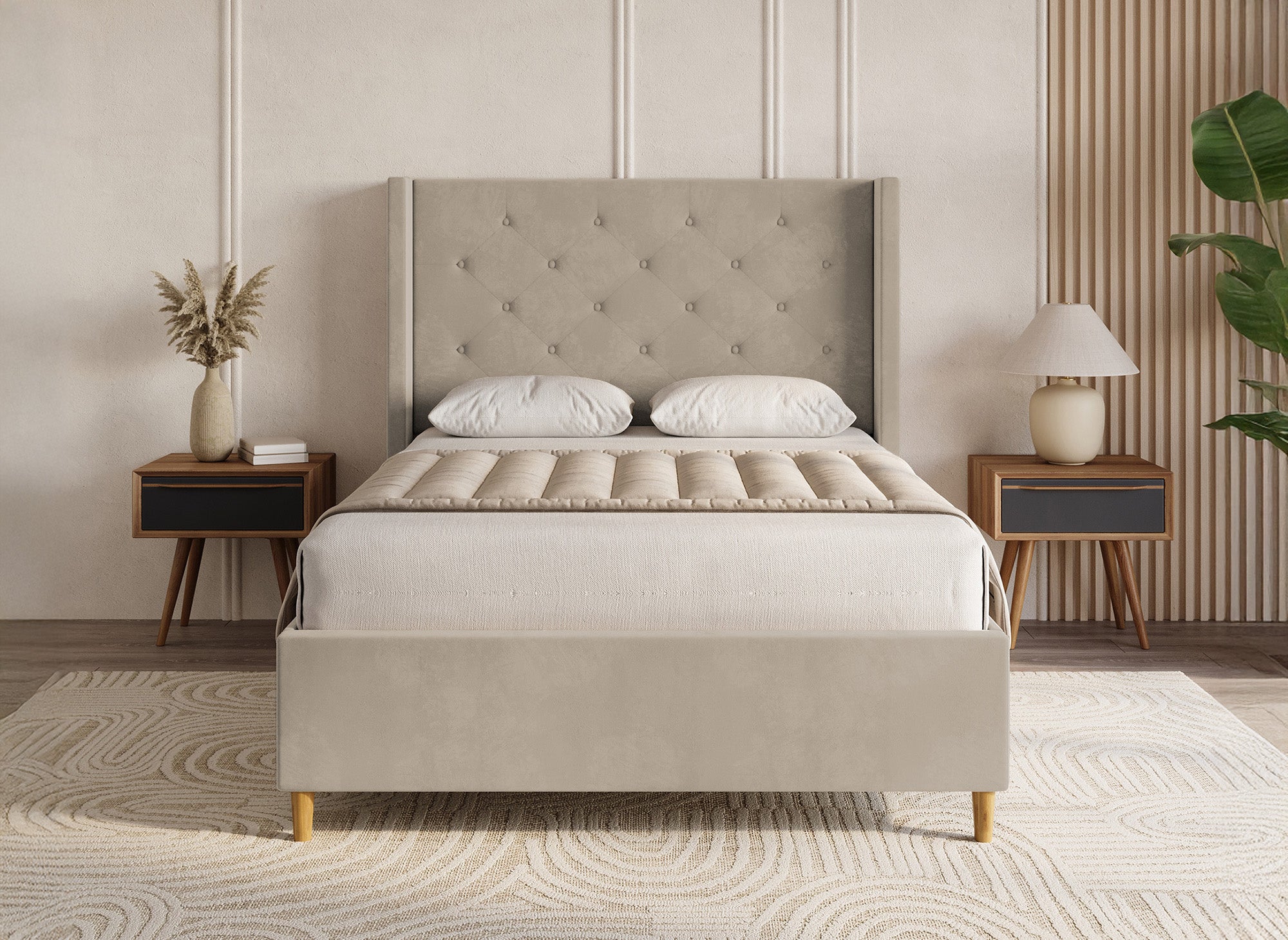 MAREVA Doppelbett aus getuftetem Samt, taupe, 140 x 190 cm