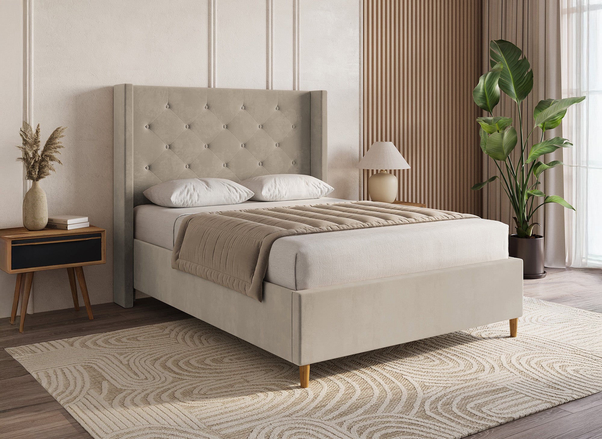 MAREVA Doppelbett aus getuftetem Samt, taupe, 140 x 190 cm