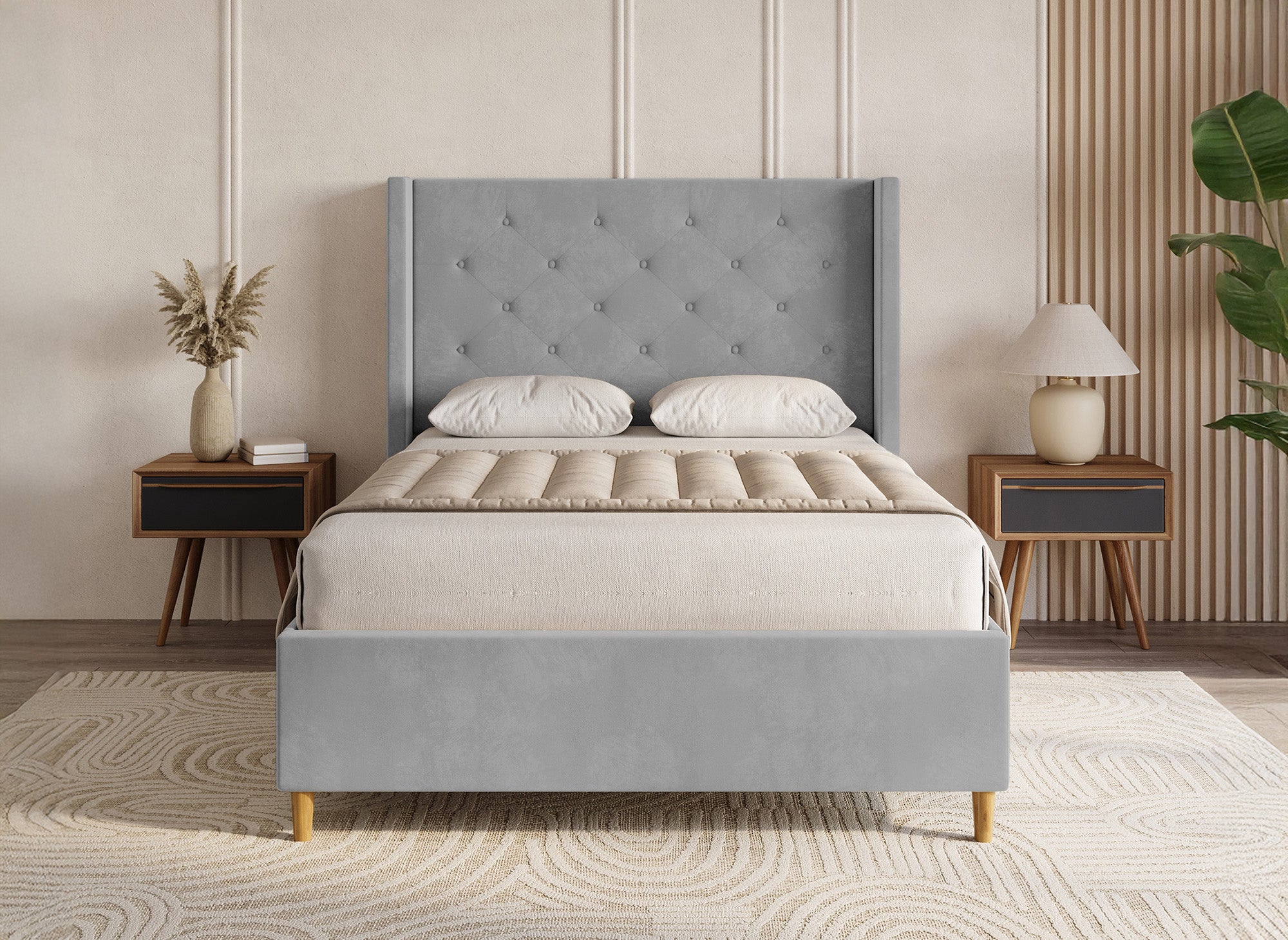MAREVA Doppelbett aus getuftetem Samt, grau, 140 x 190 cm
