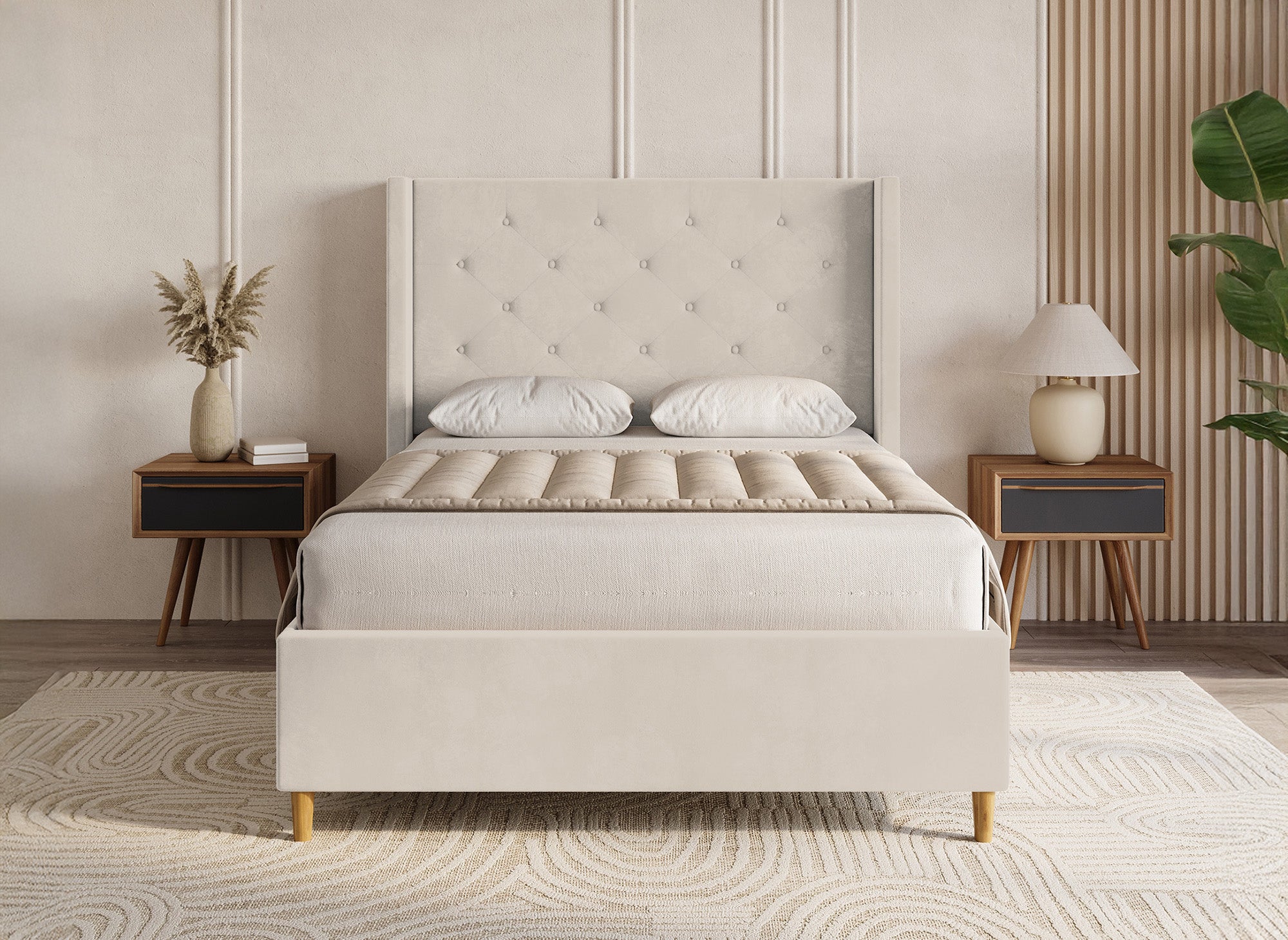MAREVA Doppelbett aus getuftetem Samt, beige, 140 x 190 cm