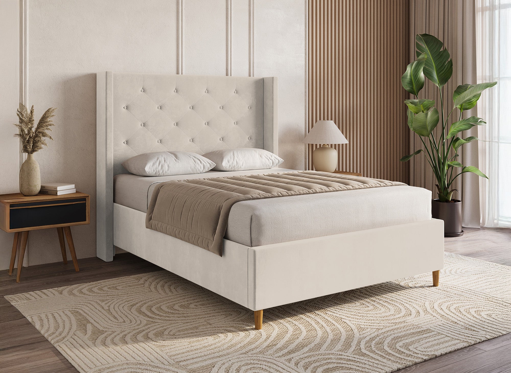 MAREVA Doppelbett aus getuftetem Samt, beige, 140 x 190 cm