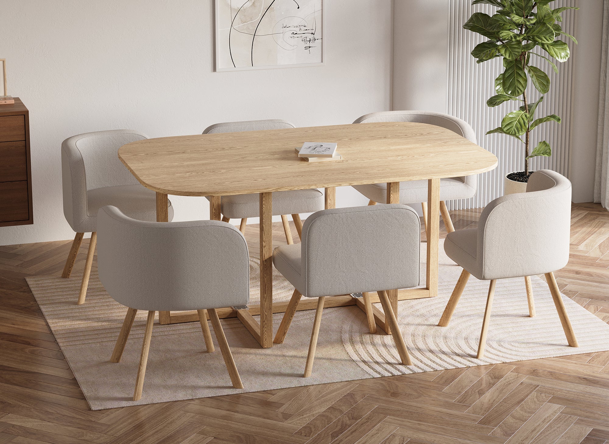 FLEN XL beige stapelbares Tisch- und 6-Stühle-Set