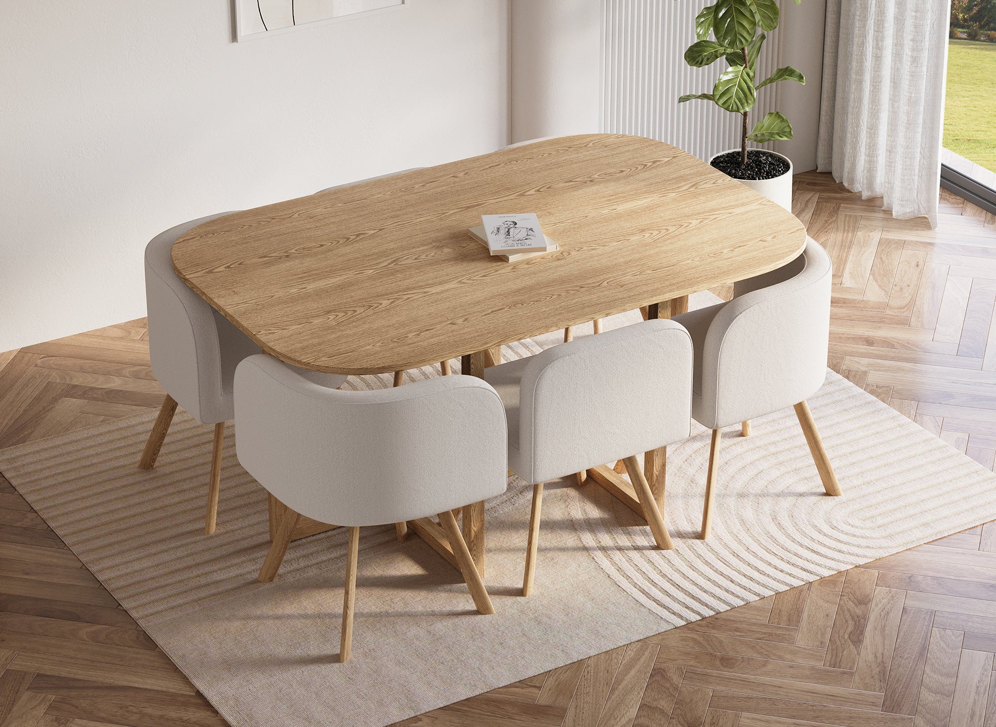 FLEN XL beige stapelbares Tisch- und 6-Stühle-Set