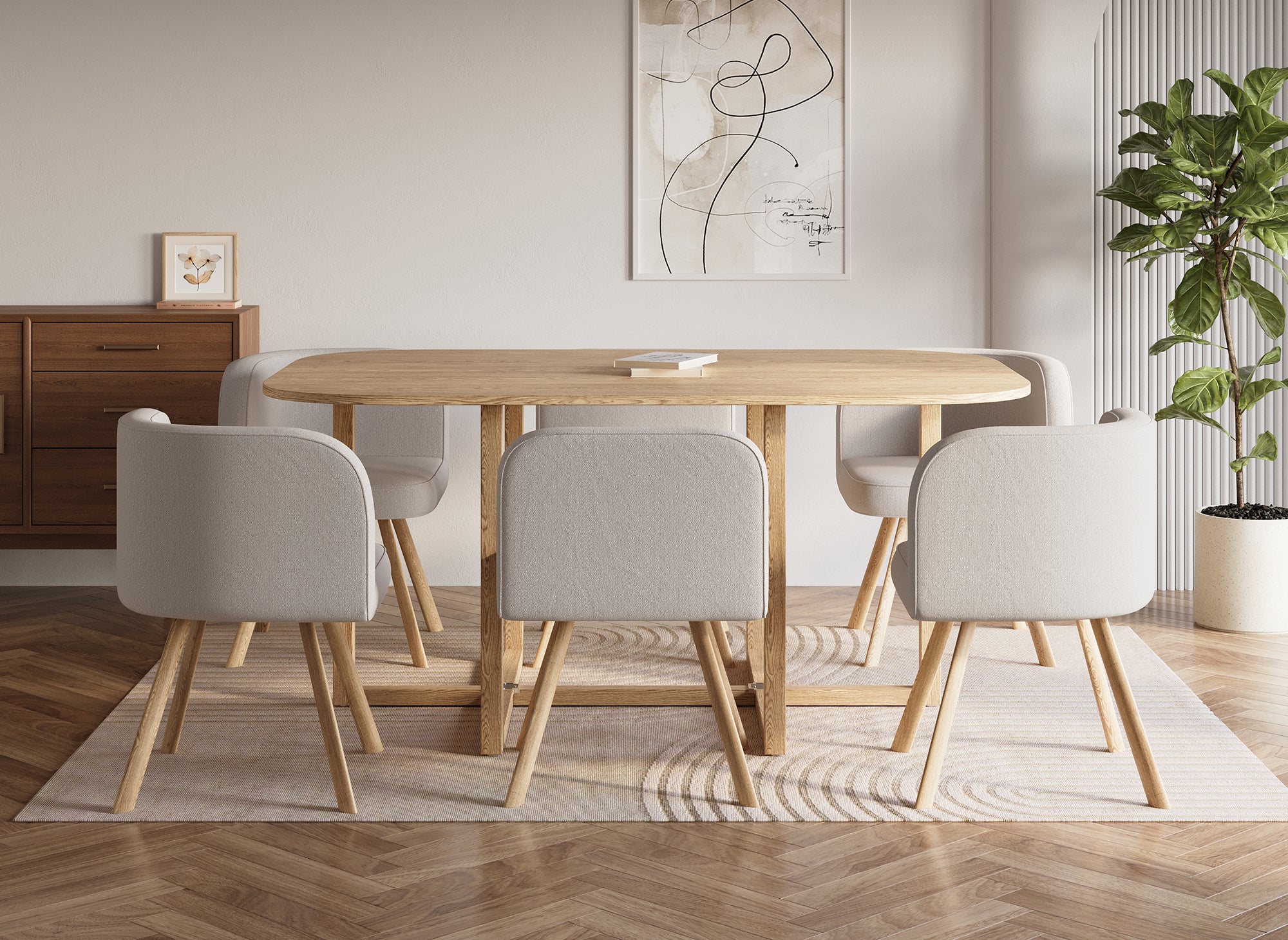 FLEN XL beige stapelbares Tisch- und 6-Stühle-Set
