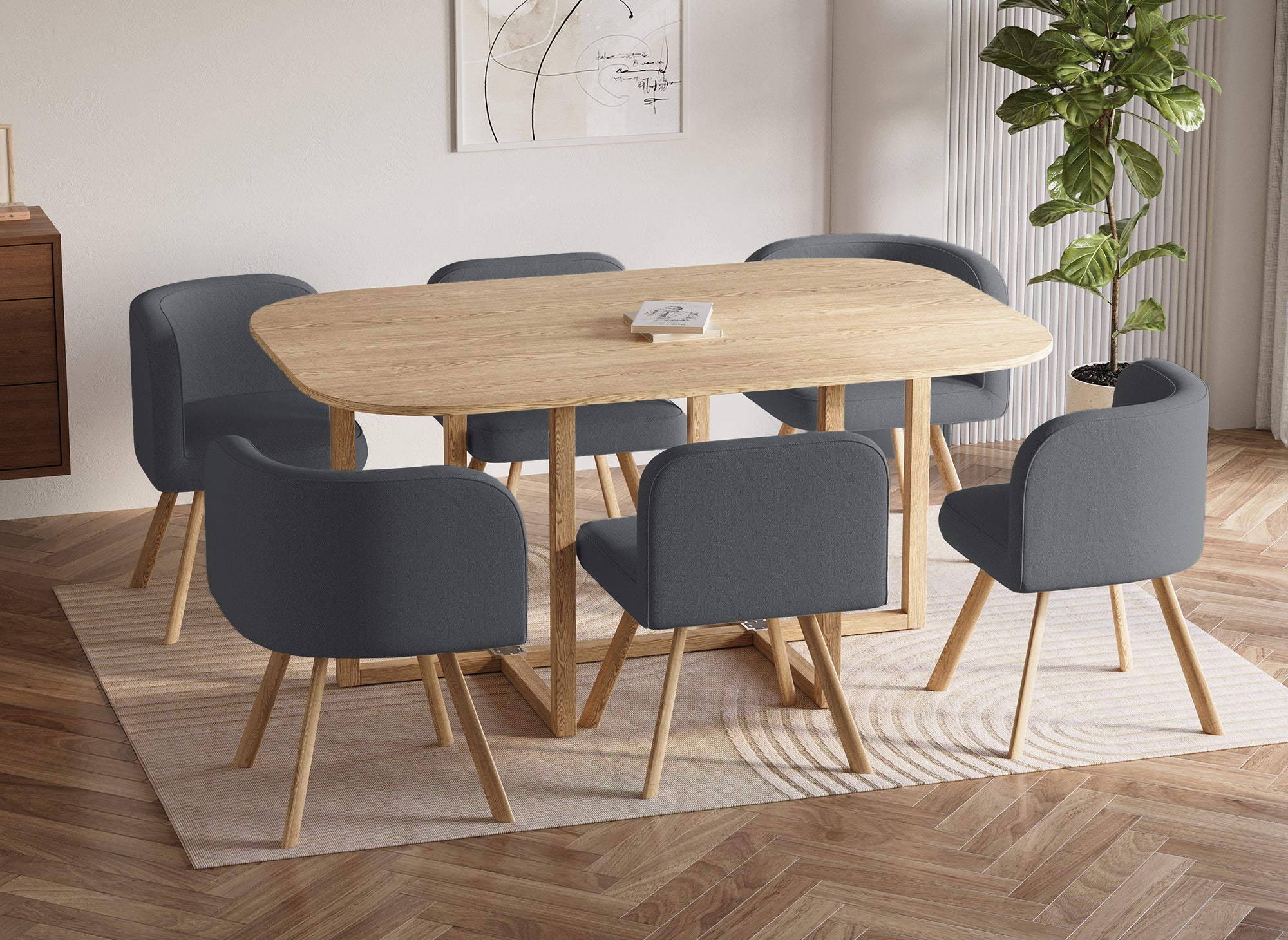 FLEN XL graues stapelbares Tisch- und 6-Stühle-Set