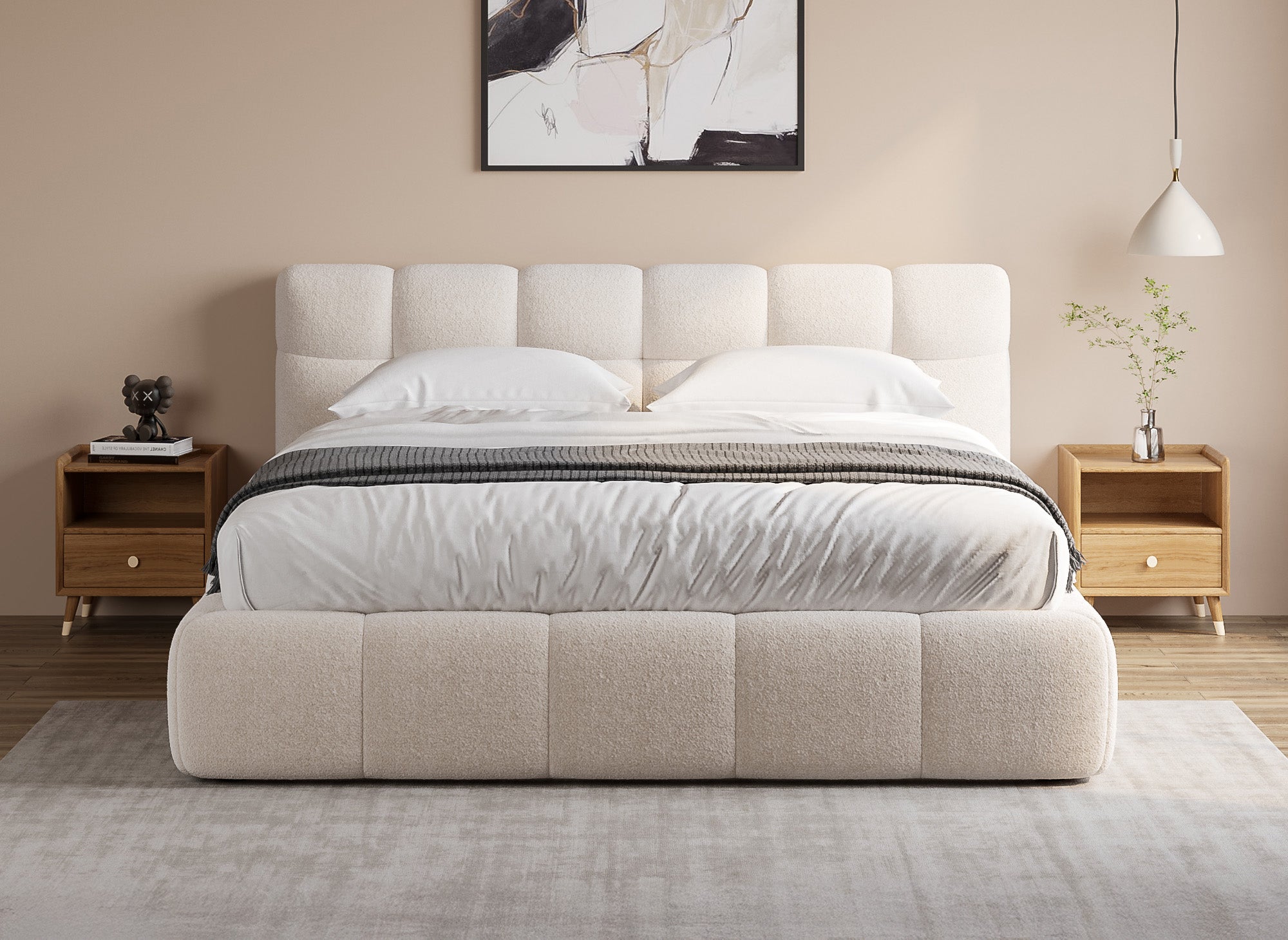 Doppelbett aus ecrufarbenem Bouclé-Stoff 160x200 cm GEORGINA