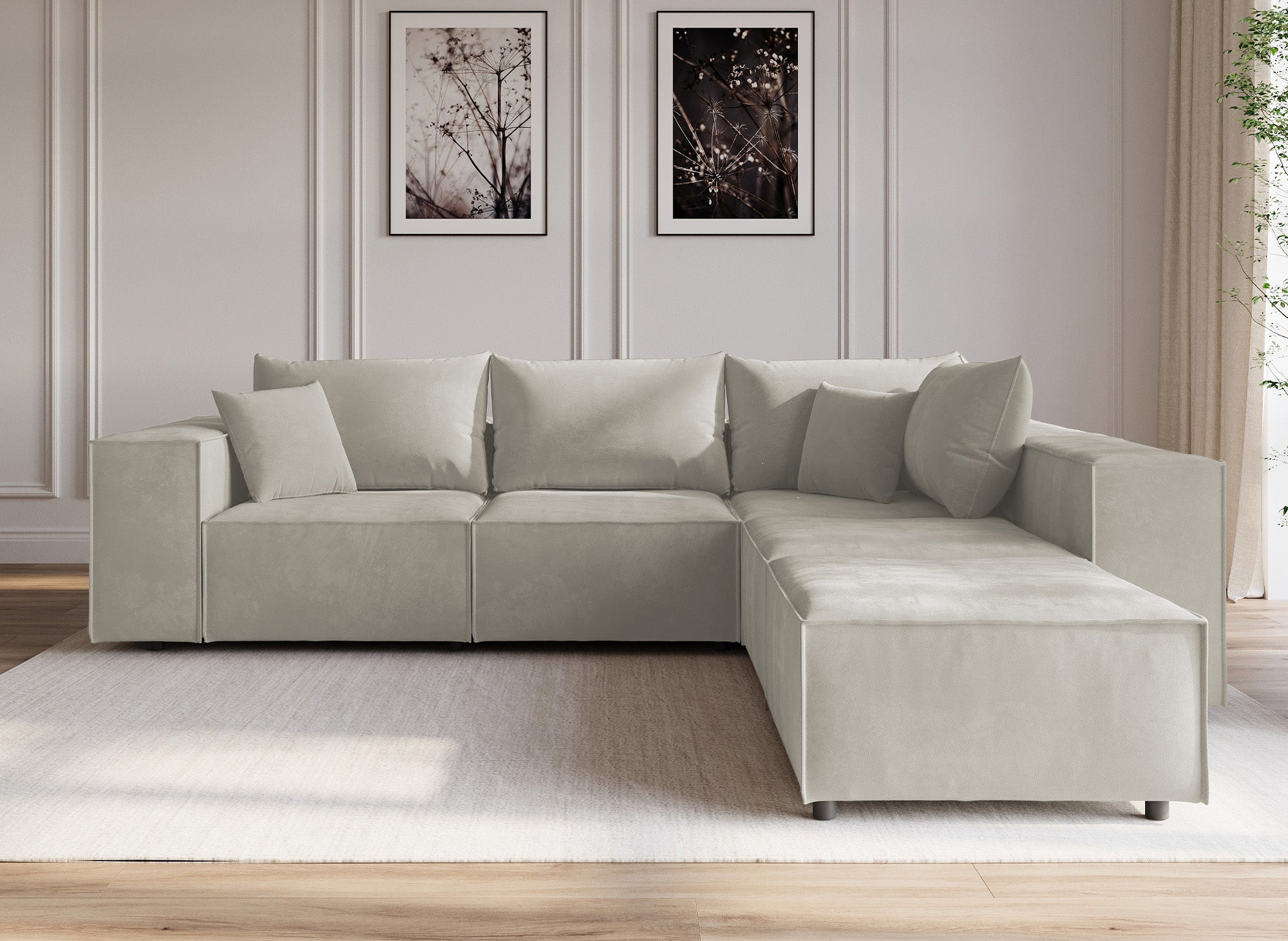 Modulares Ecksofa HARLEM XL mit 1 taupefarbenem Samt-Pouf