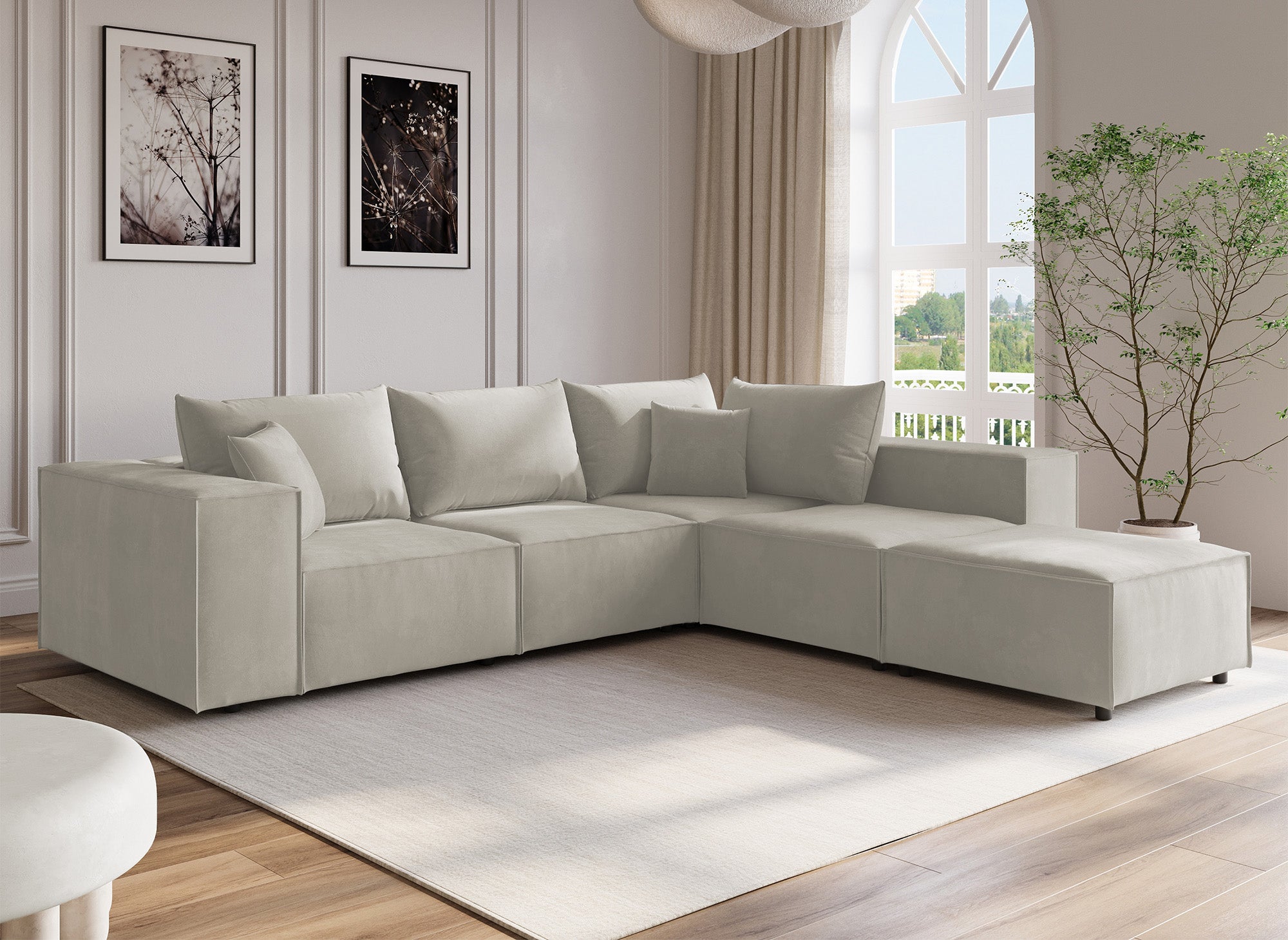 Modulares Ecksofa HARLEM XL mit 1 taupefarbenem Samt-Pouf