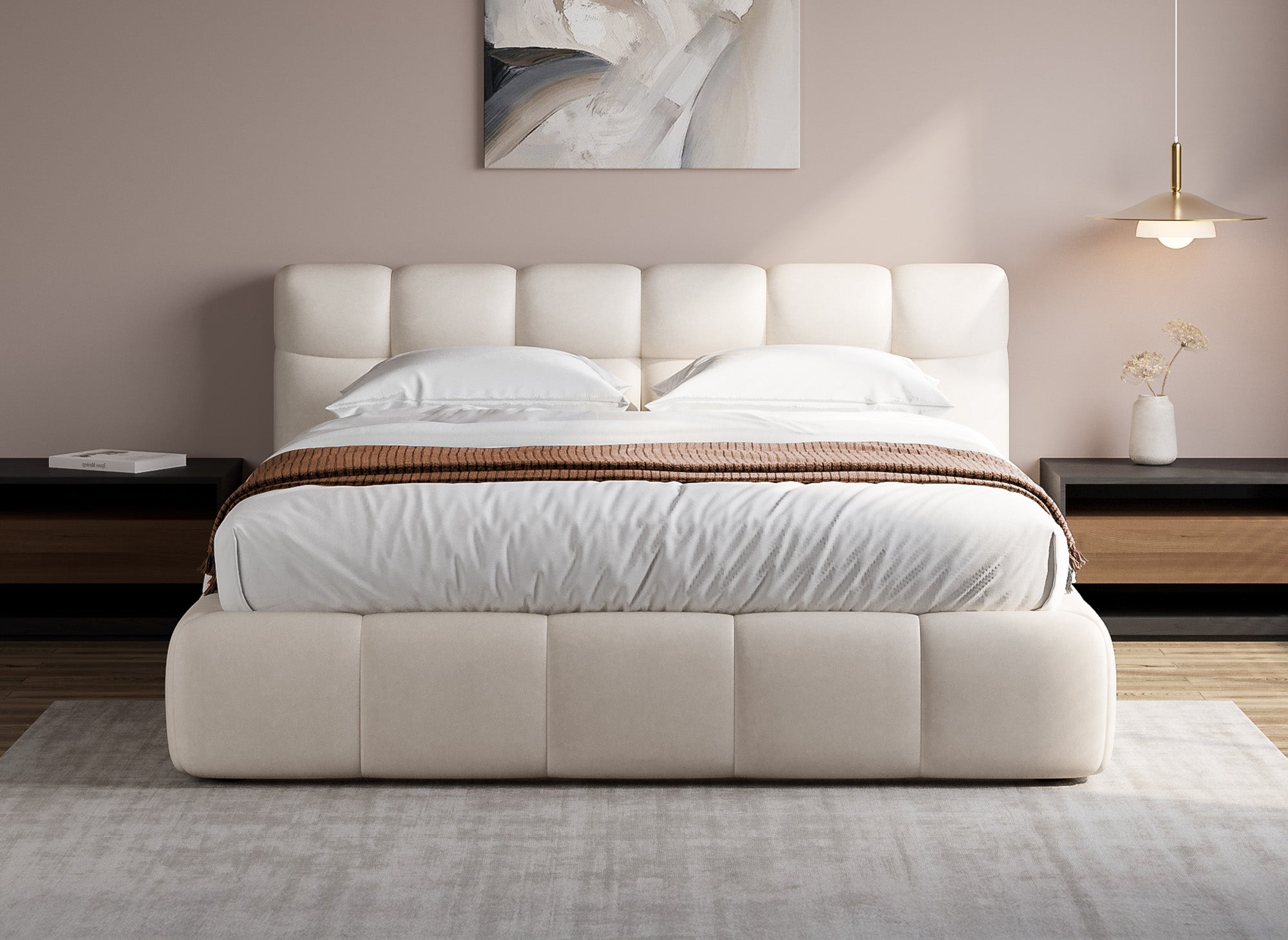 GEORGINA Bett mit Stauraum aus beigefarbenem Samt 140x190 cm