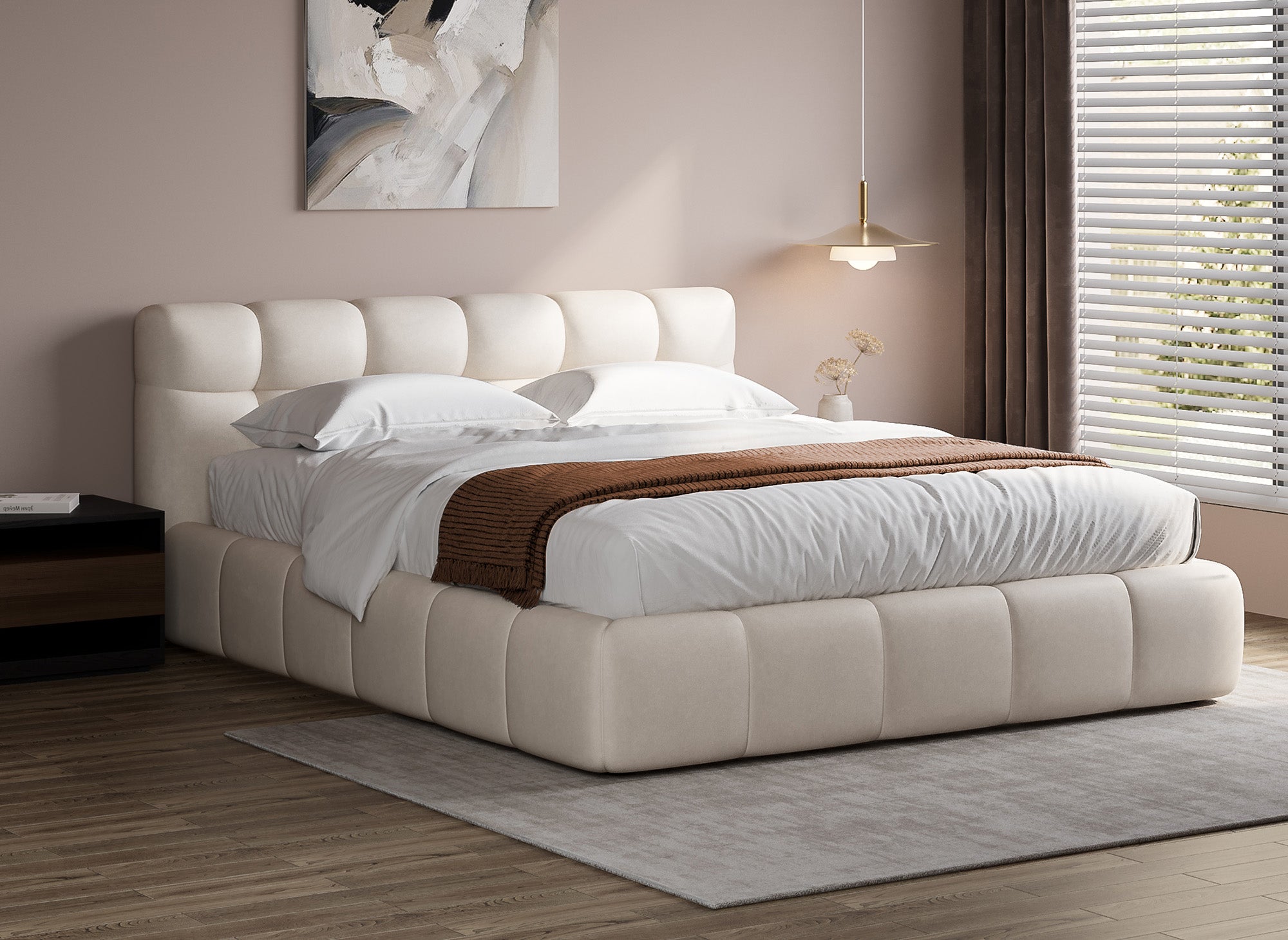 GEORGINA Bett mit Stauraum aus beigefarbenem Samt 140x190 cm