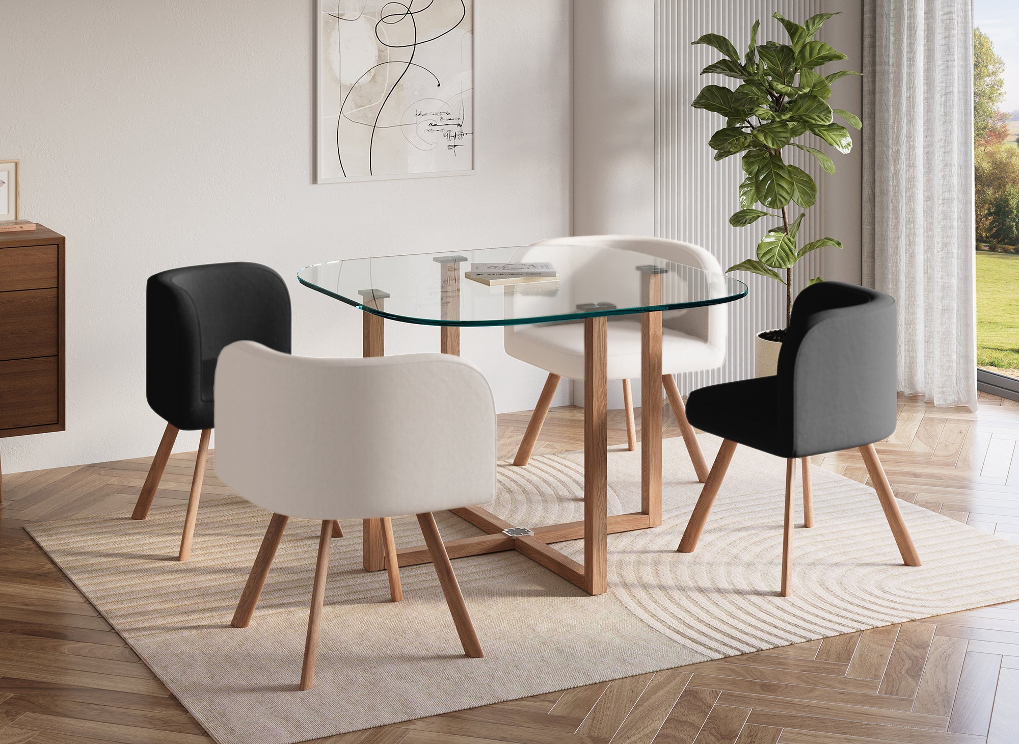 Esstisch-Set aus Glas + 4 schwarz-weiße Stühle FLEN