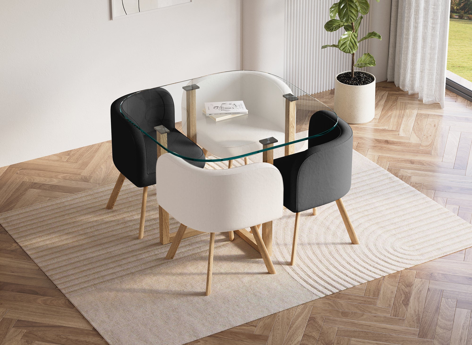 Esstisch-Set aus Glas + 4 schwarz-weiße Stühle FLEN