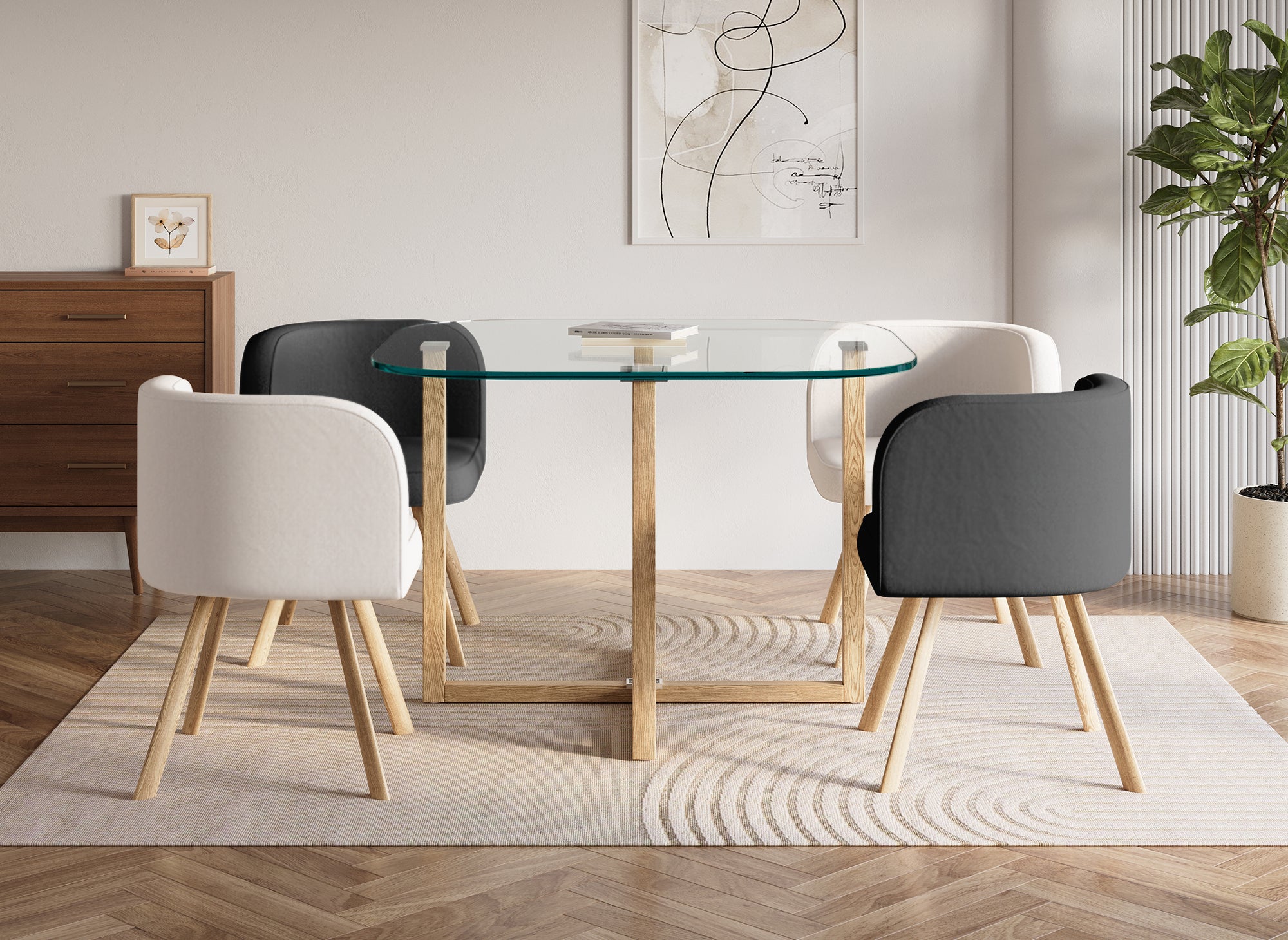 Esstisch-Set aus Glas + 4 schwarz-weiße Stühle FLEN