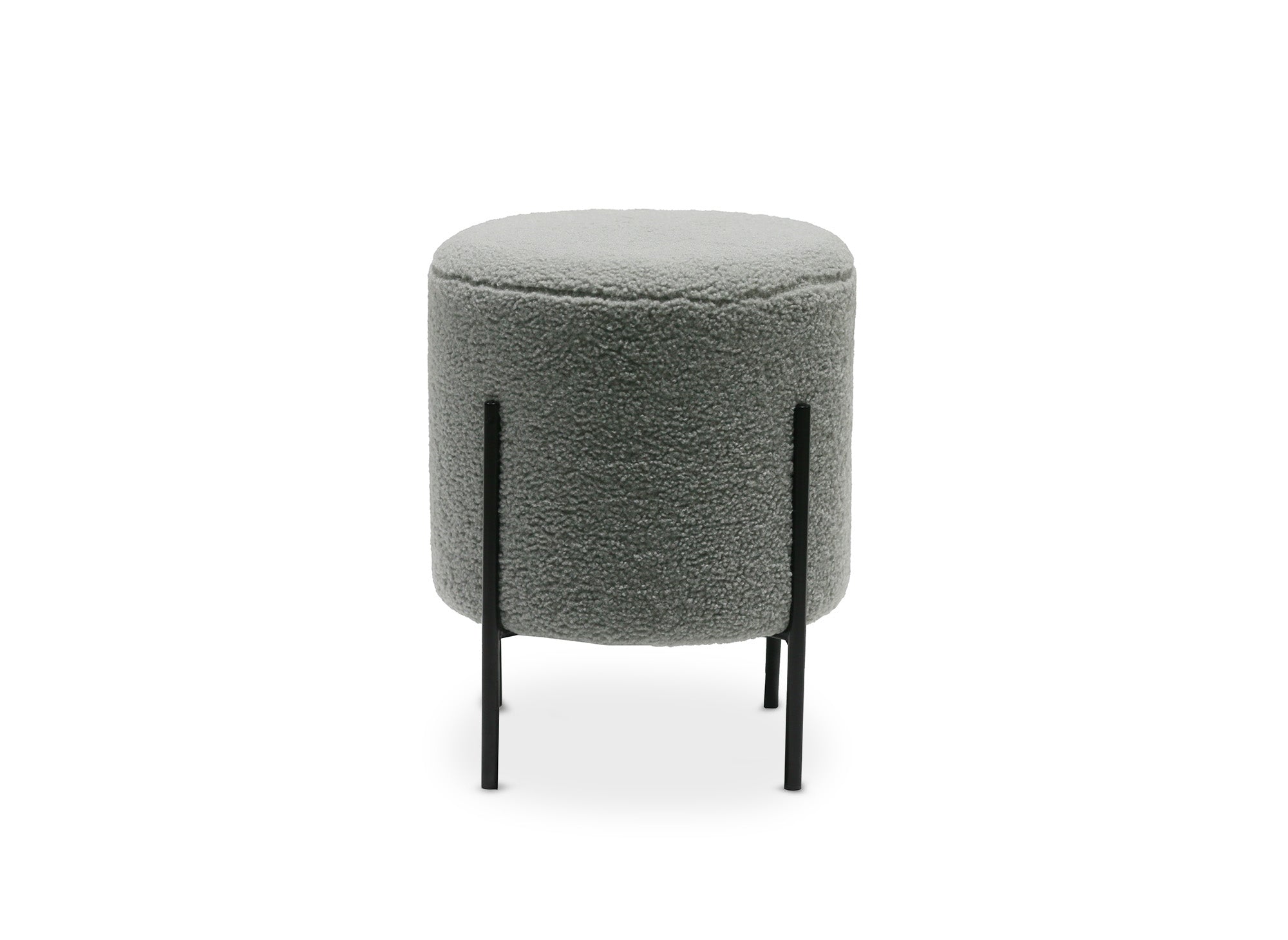 Designer-Hocker LIREN aus grauem Bouclé-Stoff und schwarzen Metallbeinen