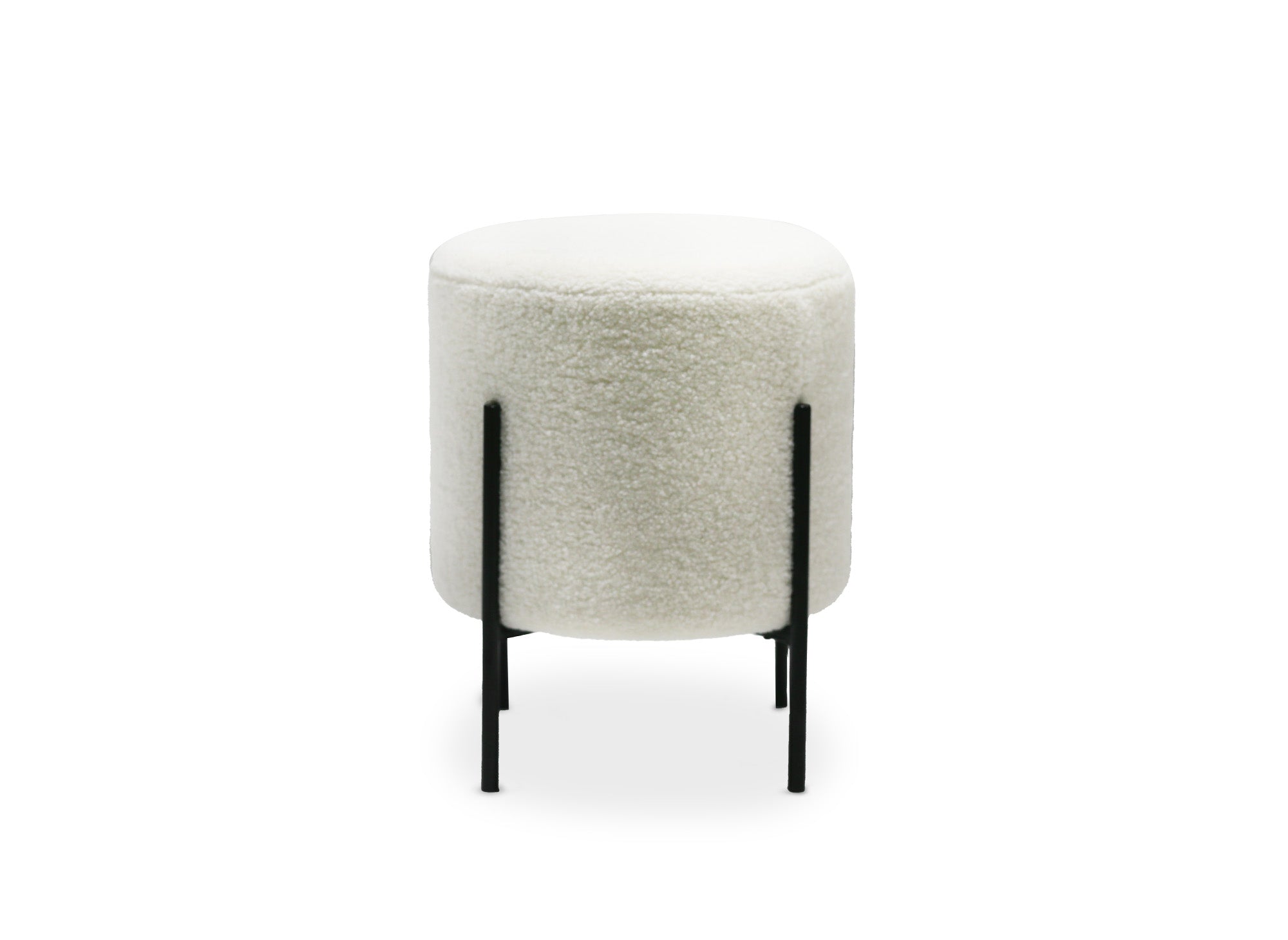 Designer-Hocker LIREN aus ecruweißem Bouclé-Stoff und schwarzen Metallbeinen