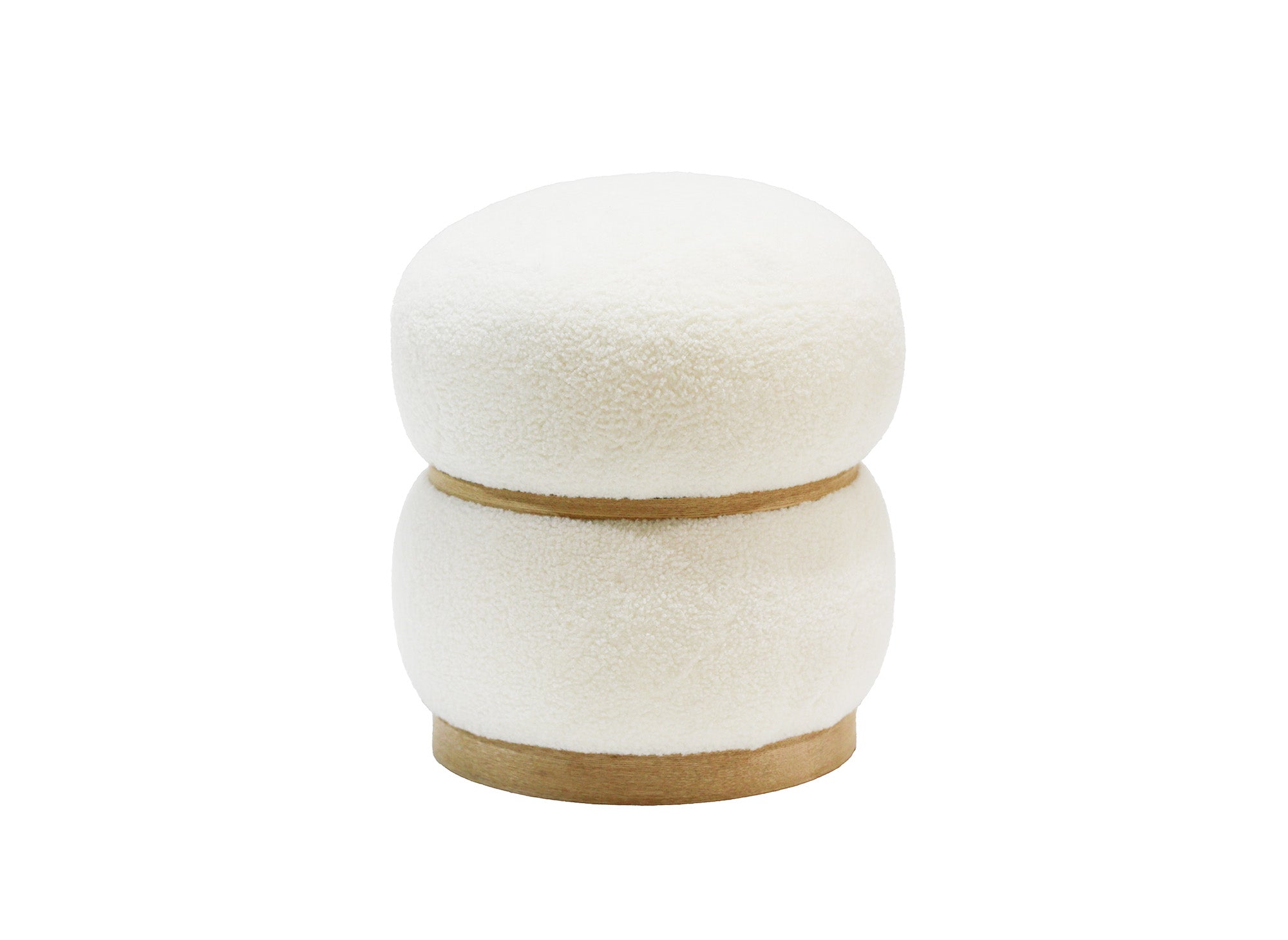 SNOW Designer-Pouf aus ecrufarbenem Stoff in Schaffelloptik und Holz