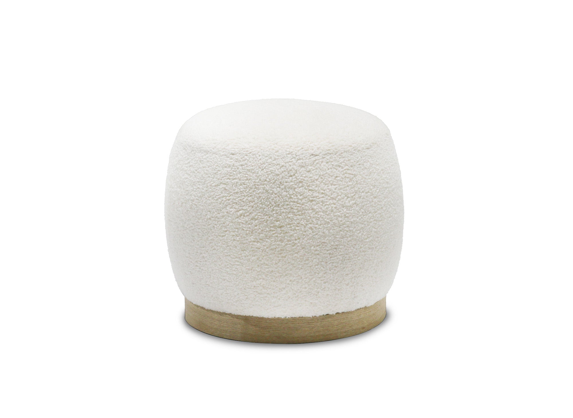 VALEA Pouf aus ecruweißem Stoff mit Schaffelleffekt und Holz