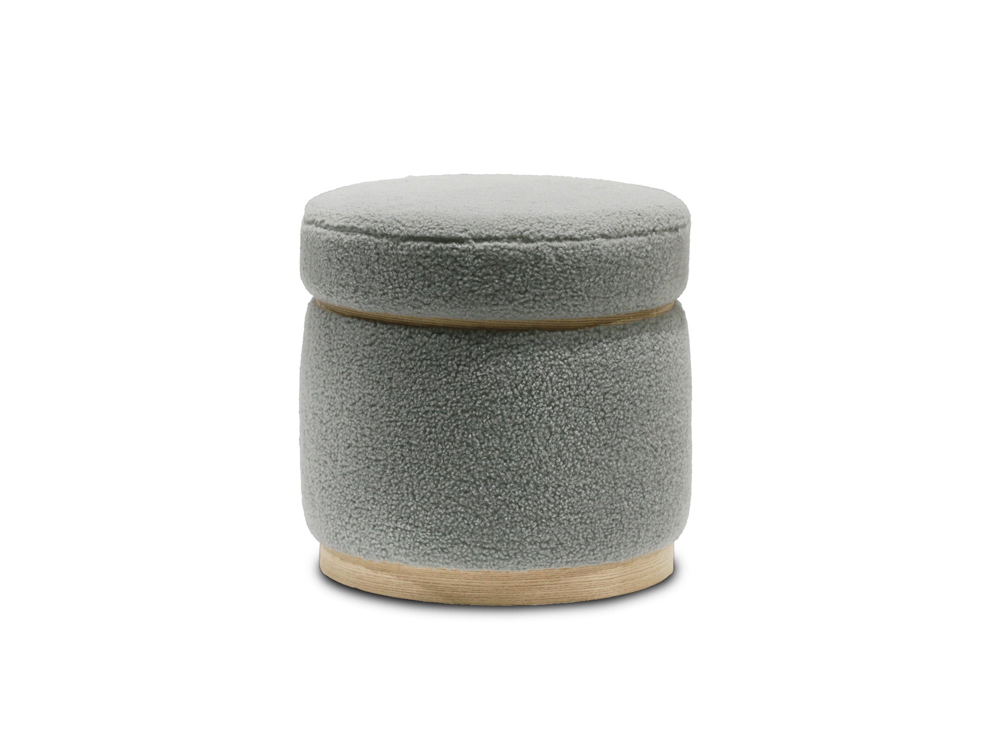 DIVA Designer-Pouf aus grauem Stoff in Schaffelloptik und hellem Holz