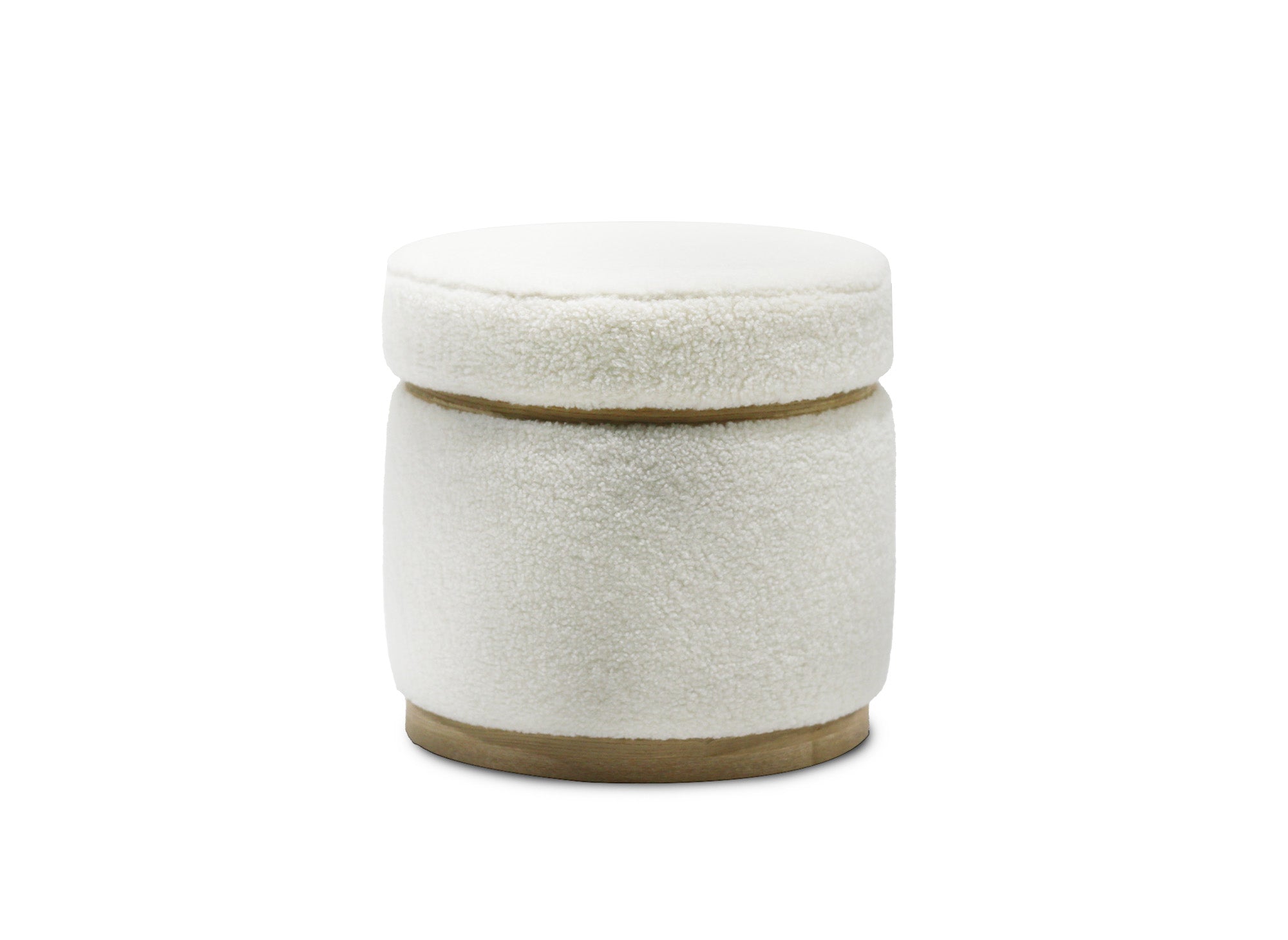 DIVA Designer-Pouf aus ecru-weißem Stoff in Schaffelloptik und hellem Holz
