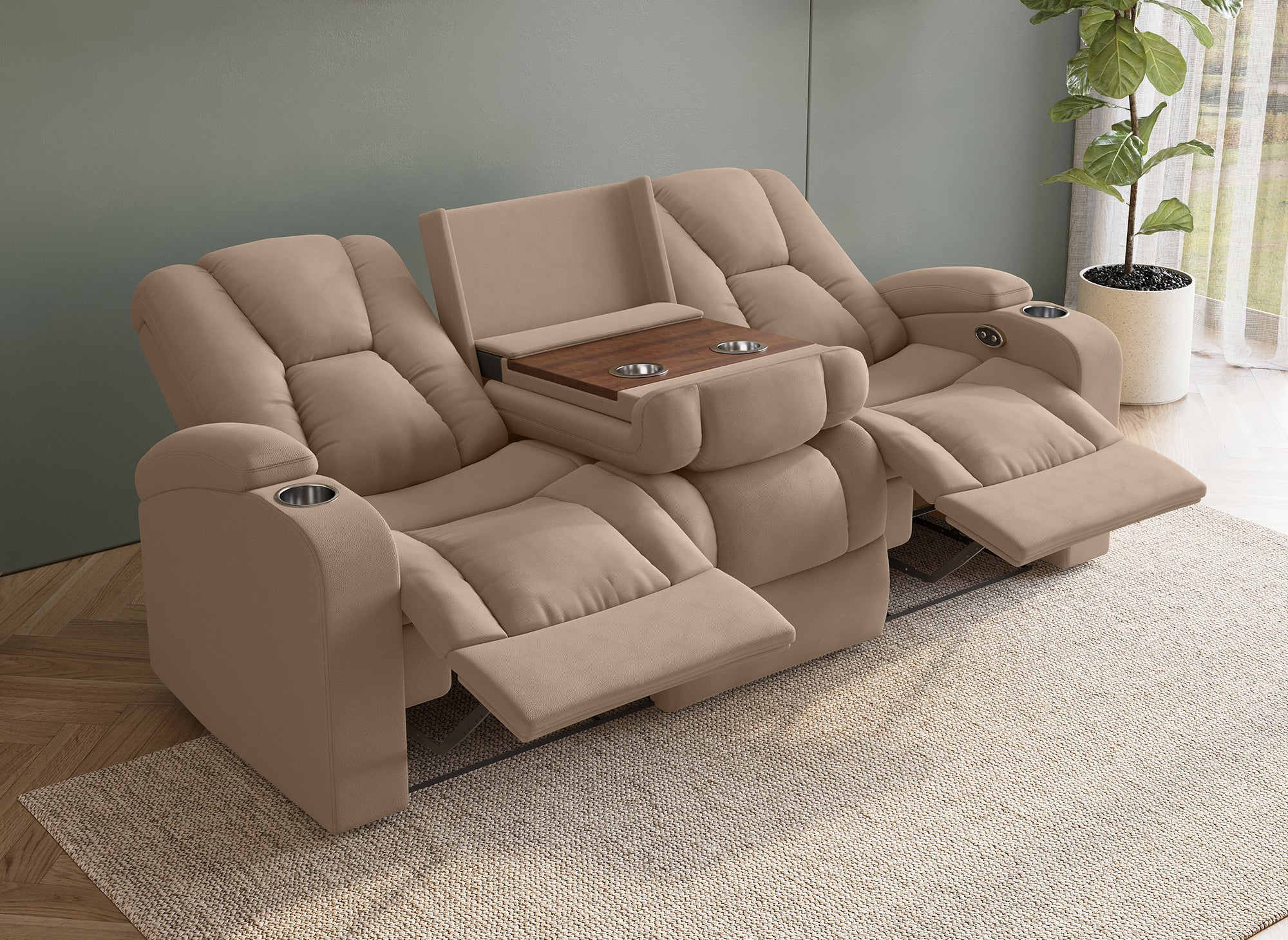 EL CLARENCE 3-Sitzer-Relaxsofa mit elektrischer Steuerung aus beigem Mikrofaserstoff