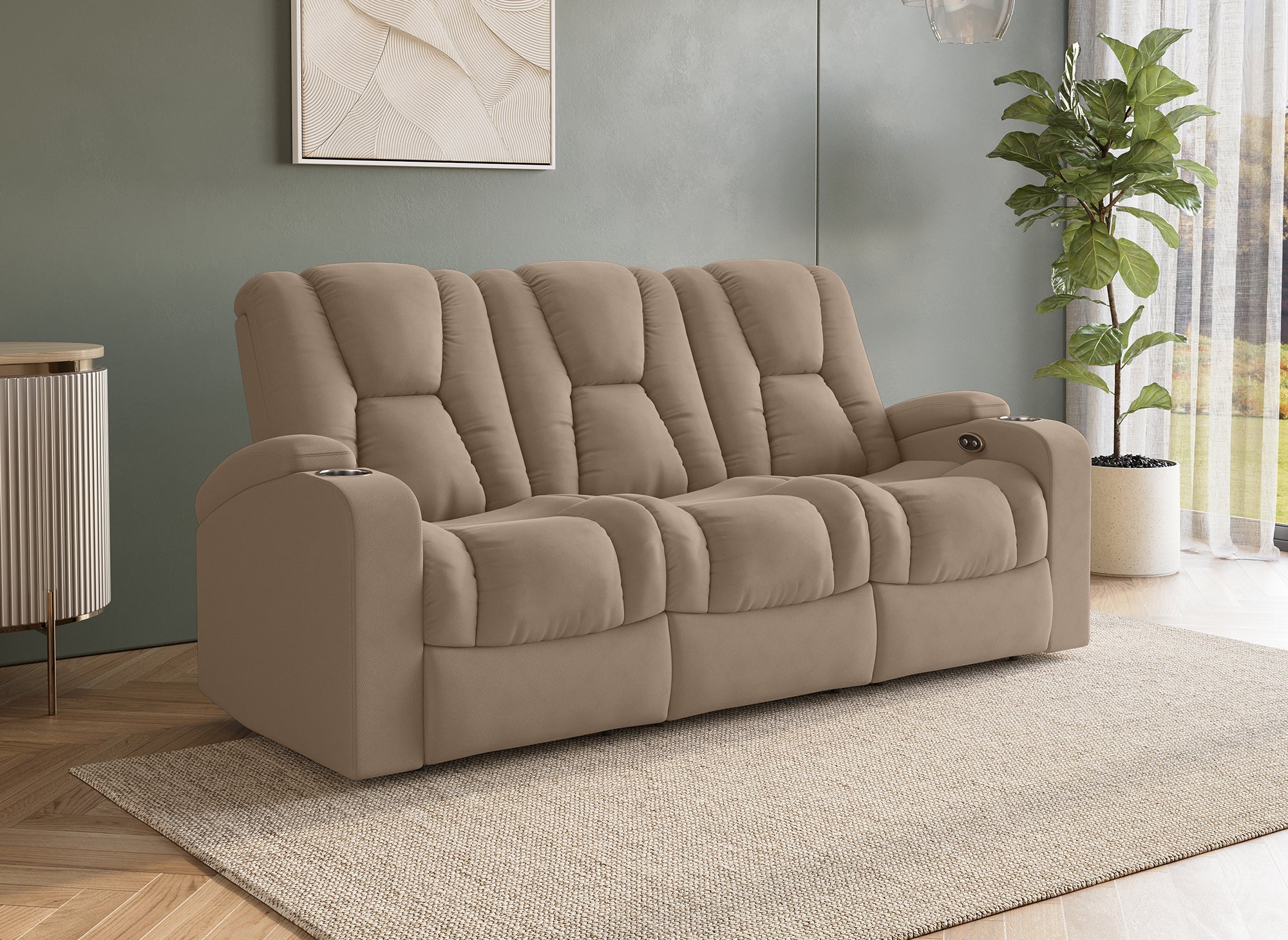 EL CLARENCE 3-Sitzer-Relaxsofa mit elektrischer Steuerung aus beigem Mikrofaserstoff