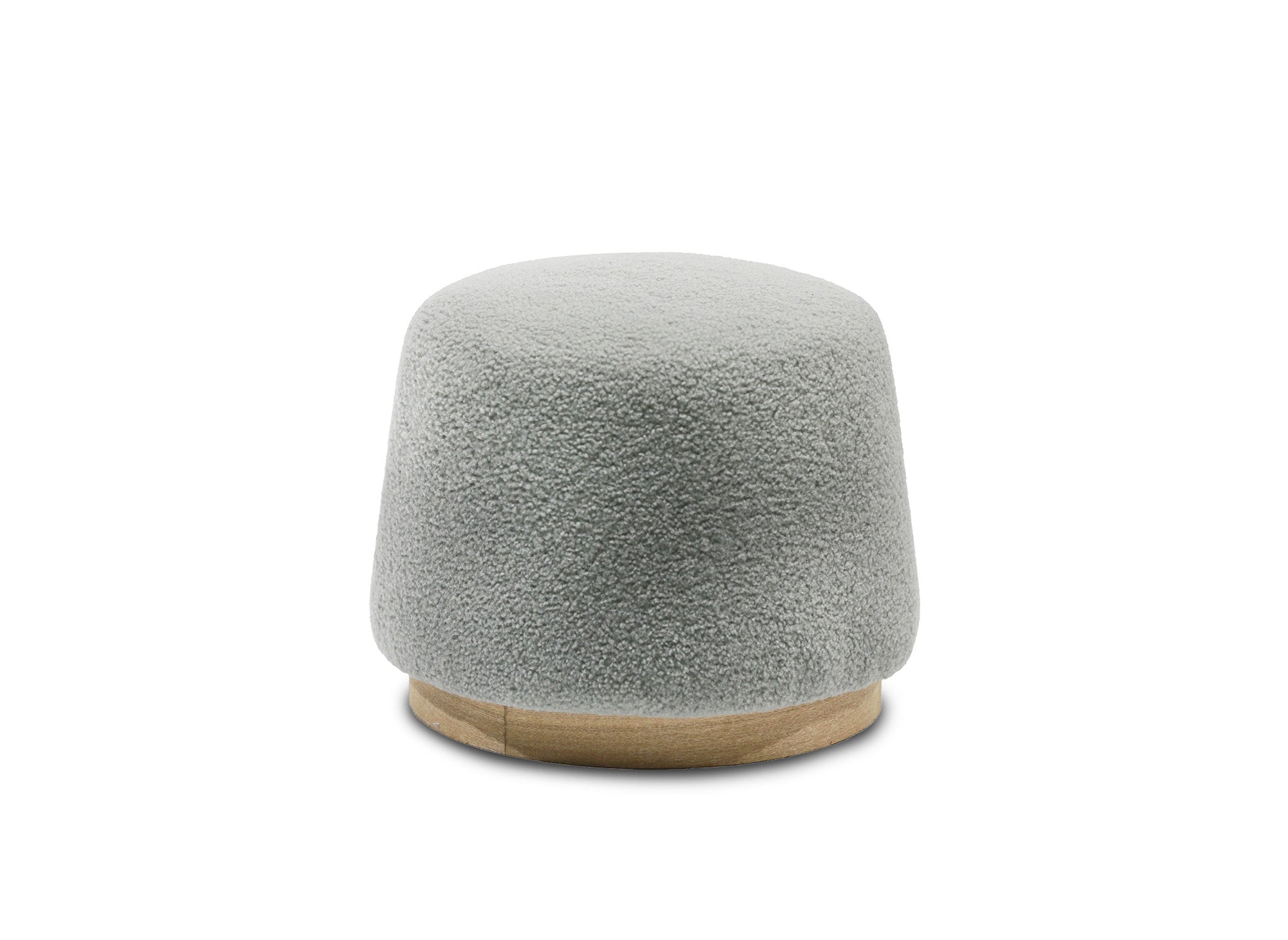 MELIA Designer-Pouf aus grauem Stoff in Schaffelloptik und Holz