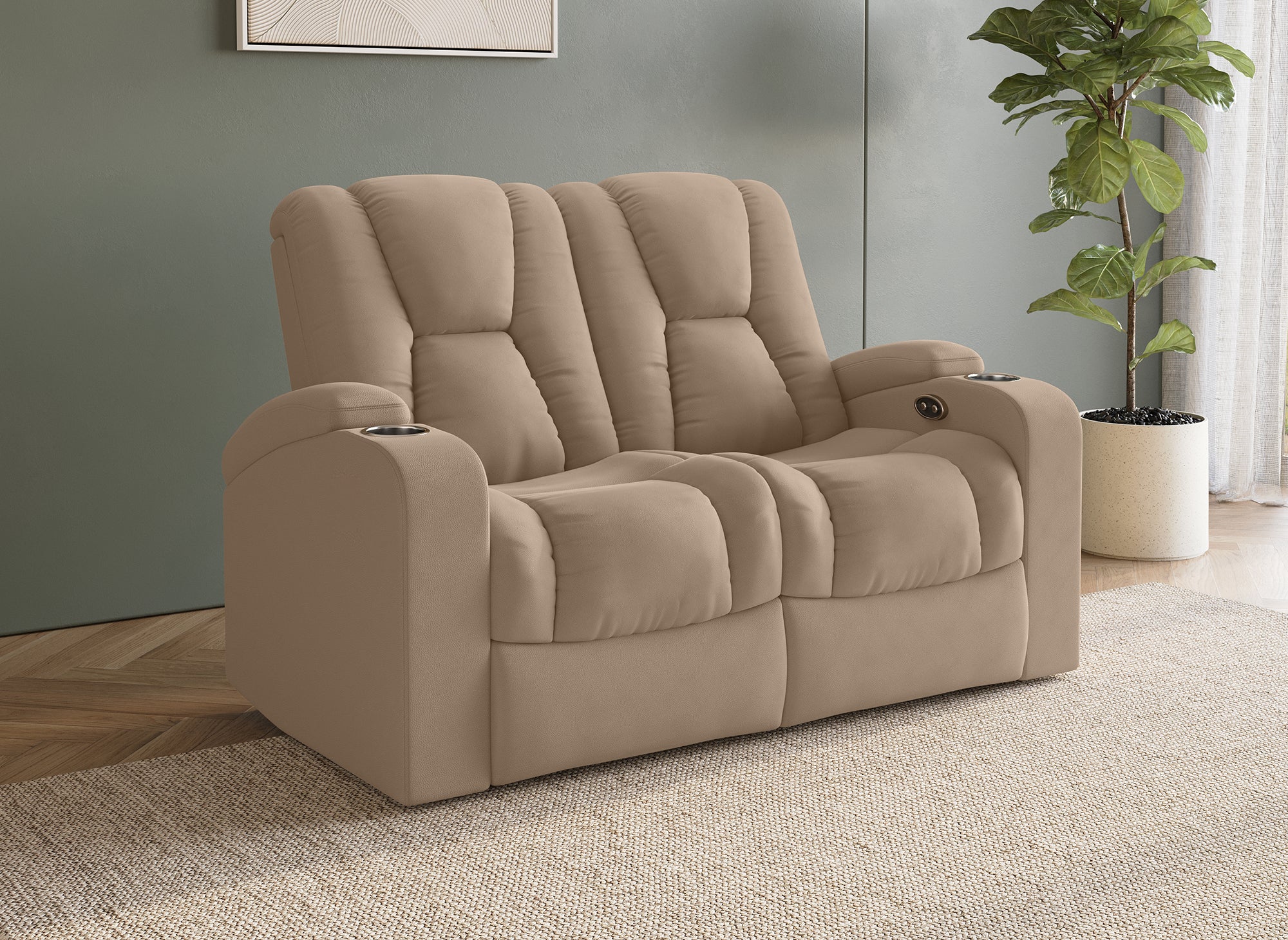 EL CLARENCE 2-Sitzer-Relaxsofa mit elektrischer Steuerung aus beigem Mikrofaserstoff