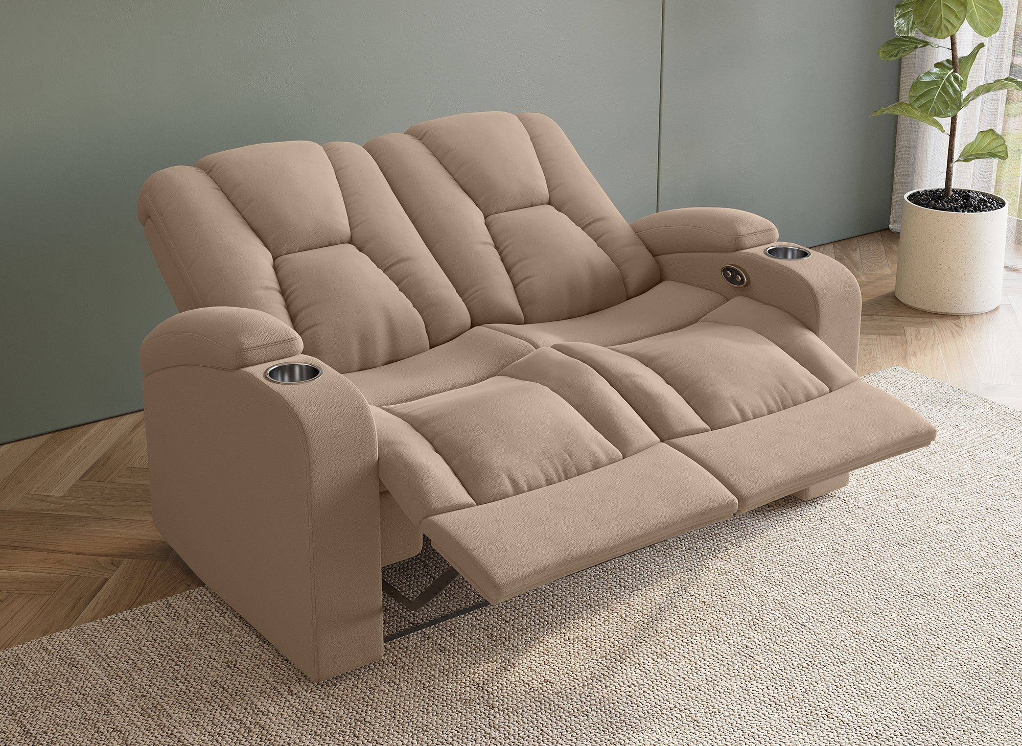 EL CLARENCE 2-Sitzer-Relaxsofa mit elektrischer Steuerung aus beigem Mikrofaserstoff