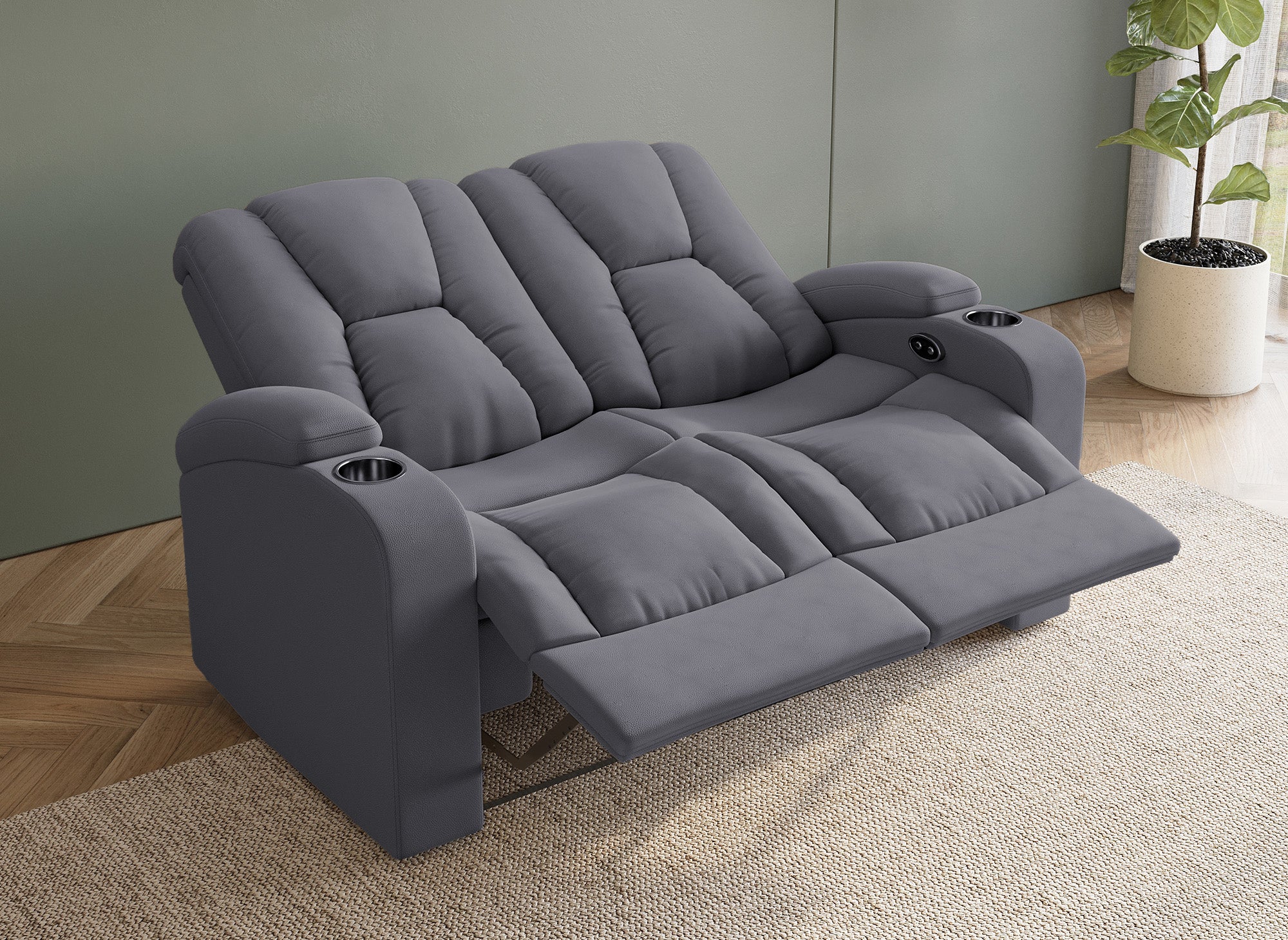 EL CLARENCE 2-Sitzer elektrisches Relaxsofa aus grauem Mikrofaserstoff