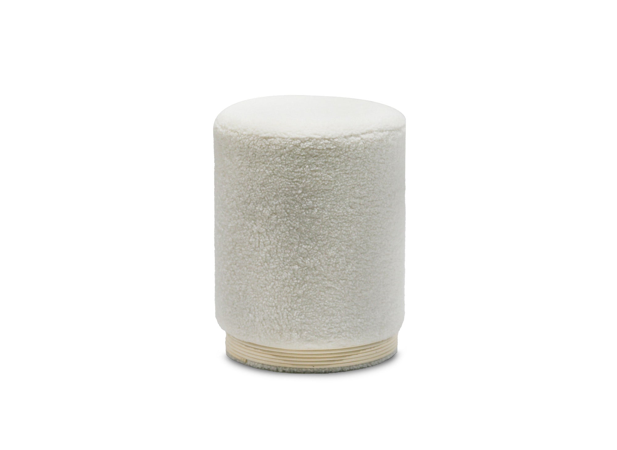 TANY Pouf aus ecru-weißem Stoff in Schaffelloptik und Holz