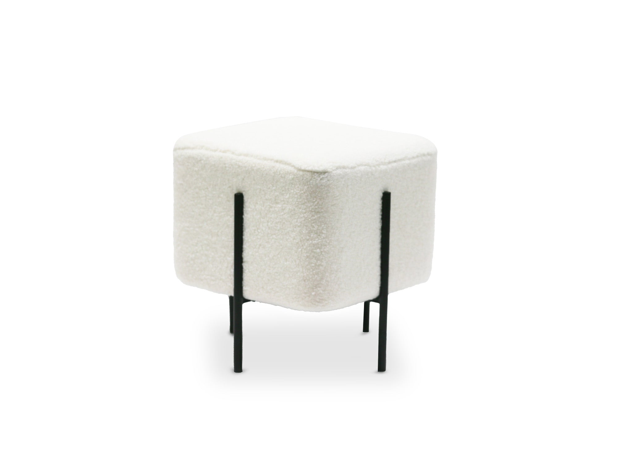 Quadratischer Pouf aus ecru-weißem Bouclé-Stoff und schwarzen Metallbeinen CUBIC