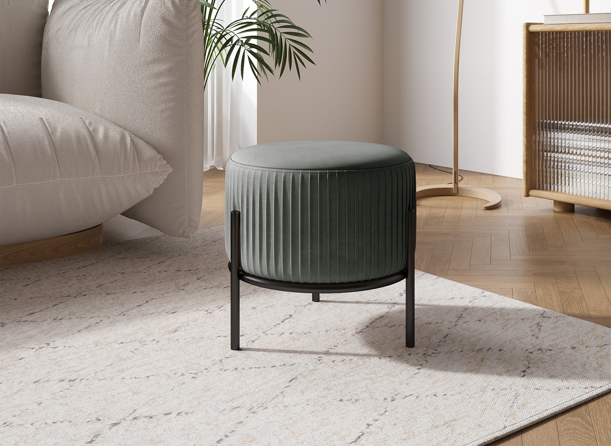 GALY Designer-Pouf aus grauem Samt mit schwarzen Metallbeinen