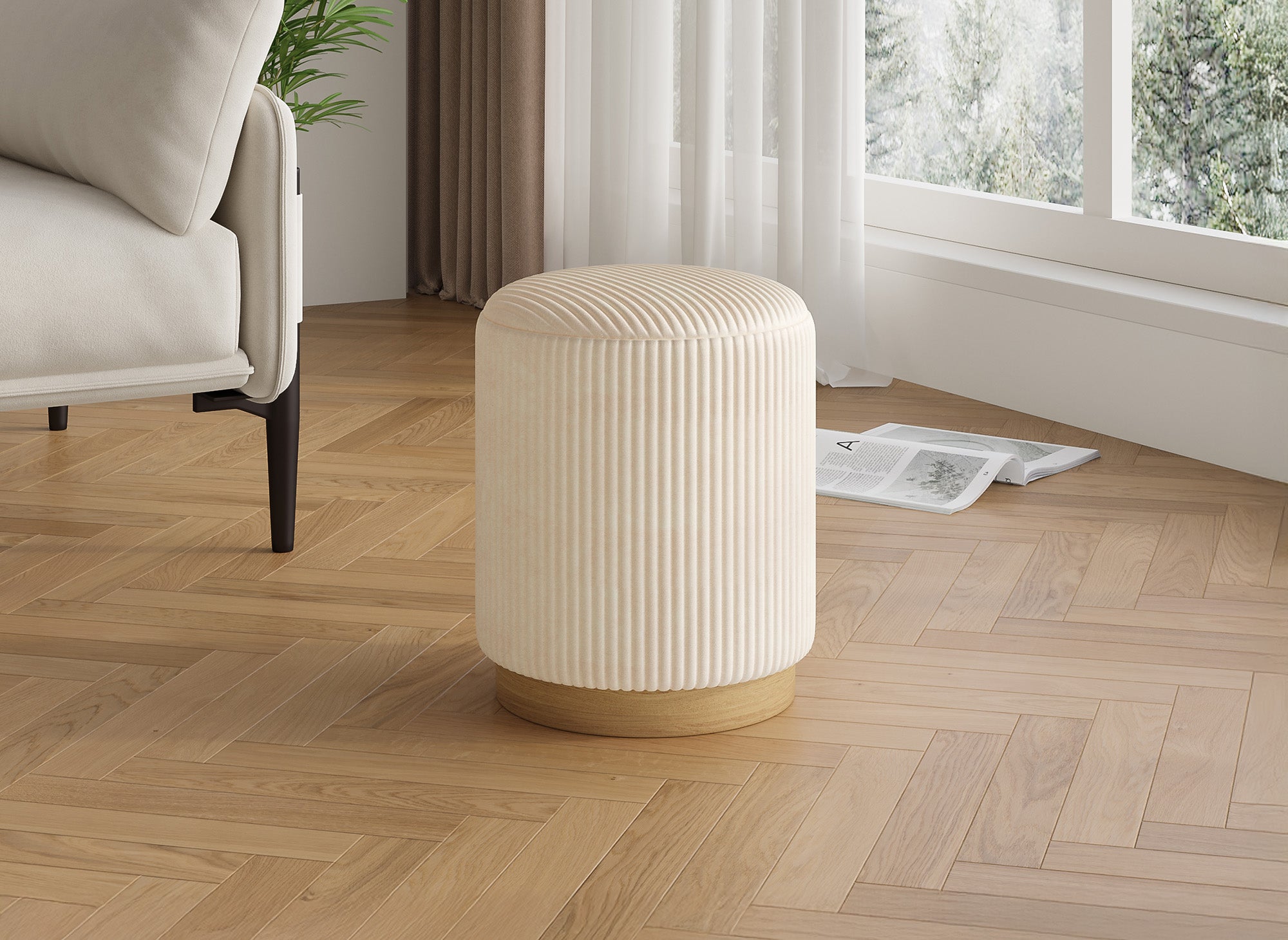 Designer-Pouf ROY aus beigefarbenem Cord und Holz