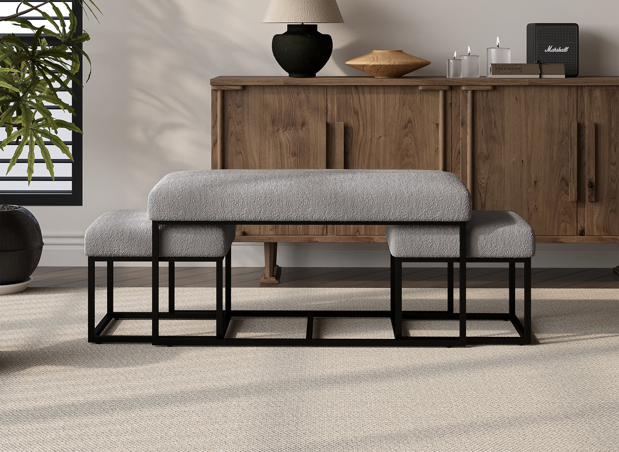 BECKIE Bank mit Poufs aus grauem Bouclé-Stoff und schwarzen Metallbeinen