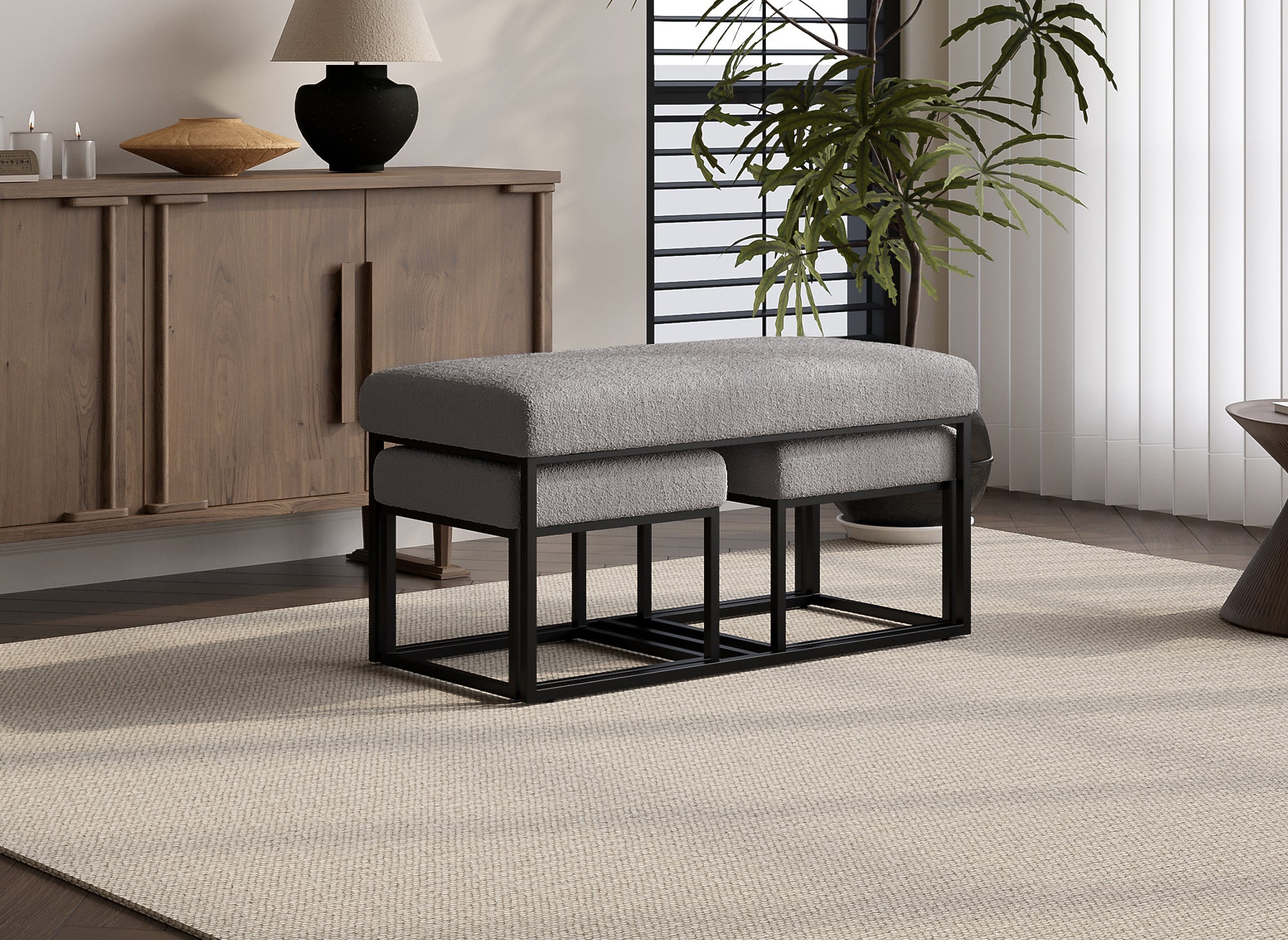 BECKIE Bank mit Poufs aus grauem Bouclé-Stoff und schwarzen Metallbeinen